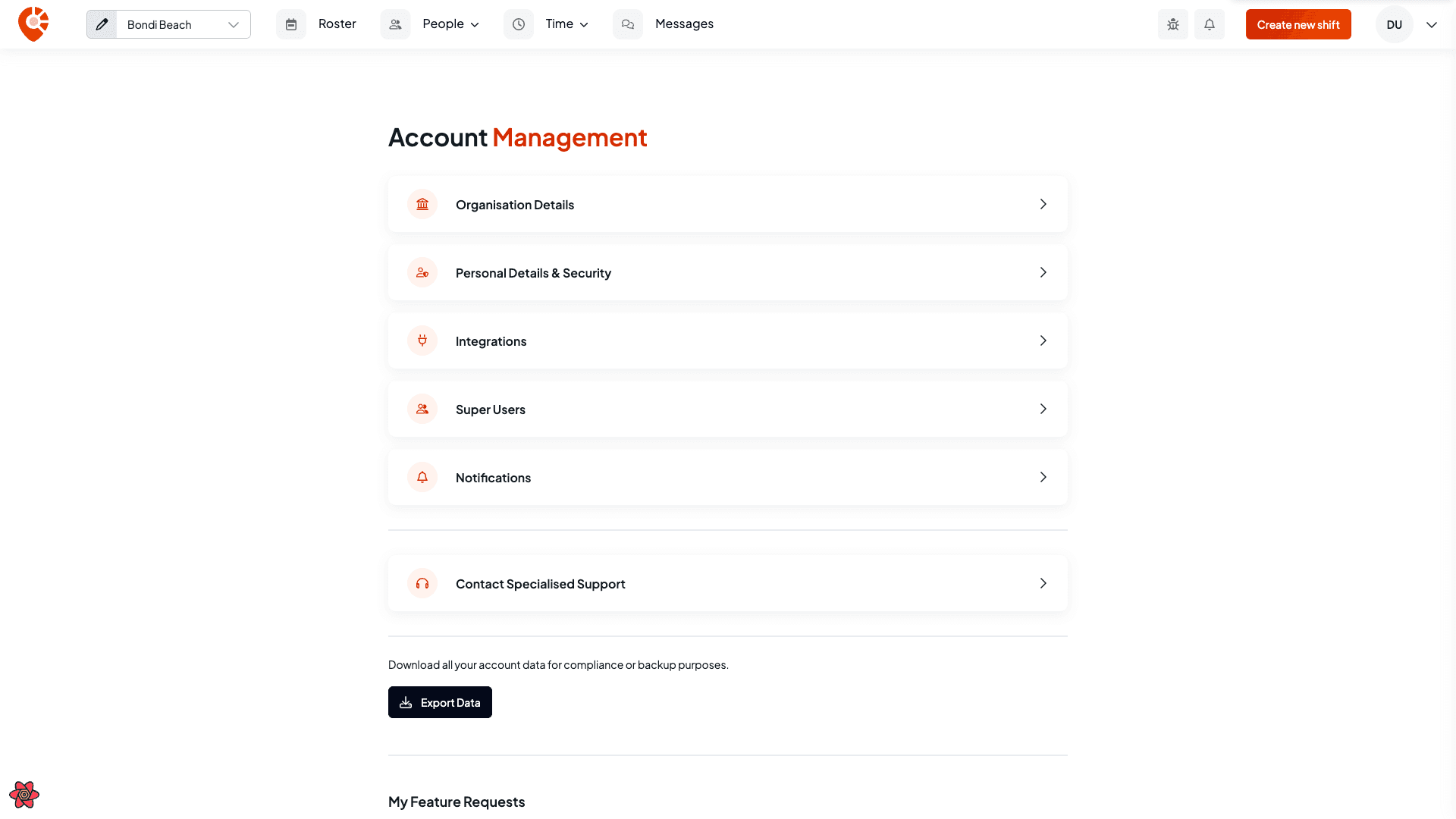 The Account management page with the Export data action