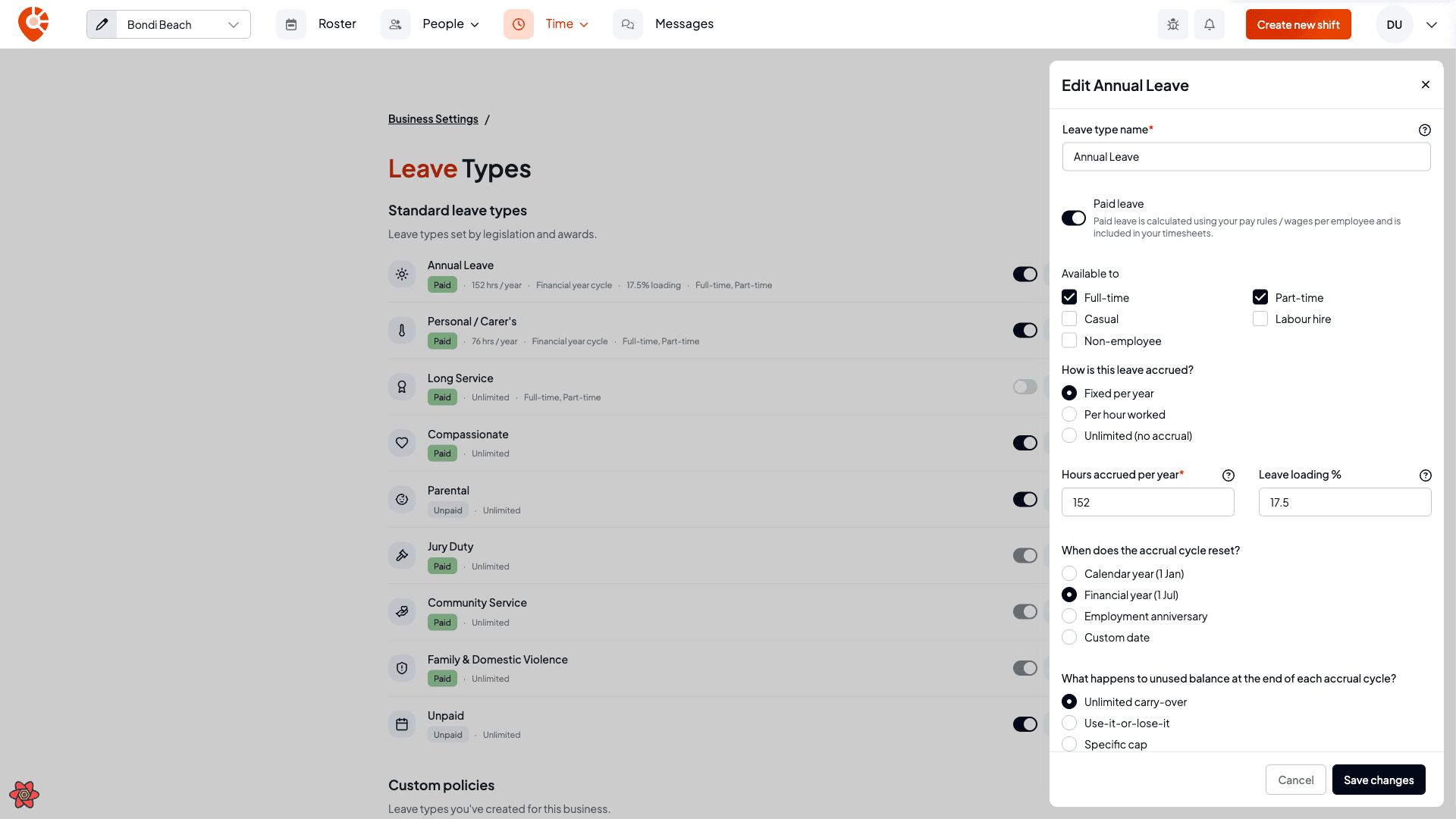 The leave type editor showing accrual method, rate, cycle reset, and carry-over