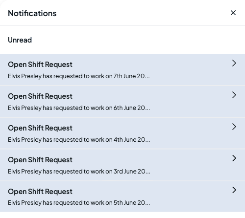 The notification panel showing an Unread section with several open shift request notifications
