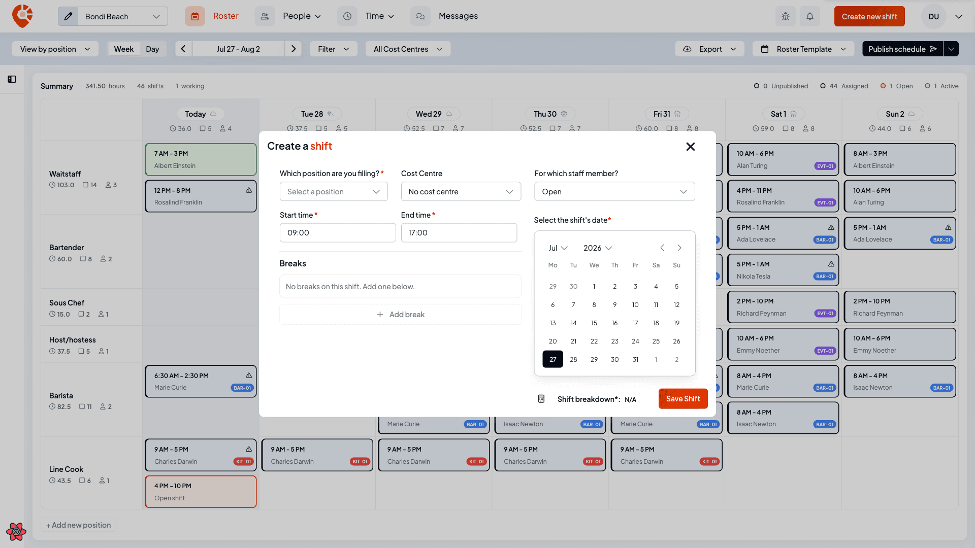The Create a shift modal with fields for position, project, staff member, start and end time, notes, and a date calendar, with a Save Shift button