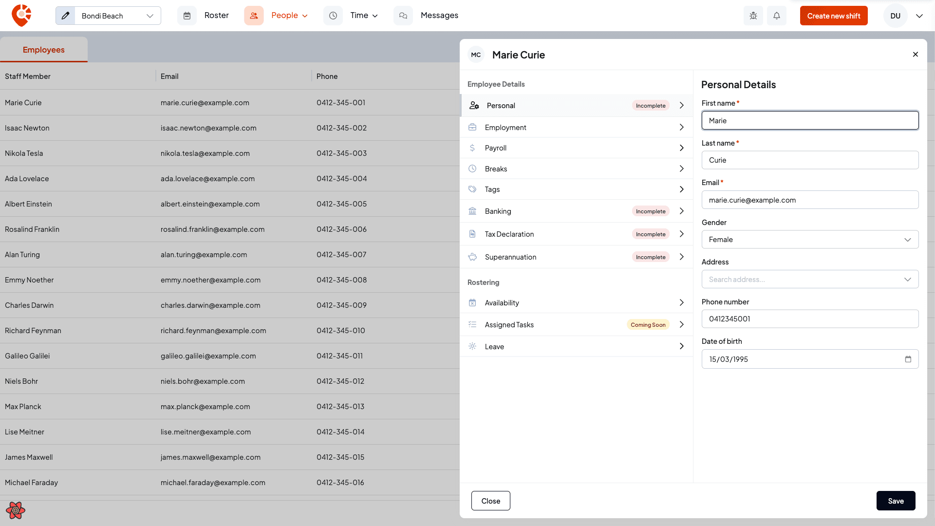 The employee profile drawer with the Employee Details and Rostering tab groups and the Personal tab open