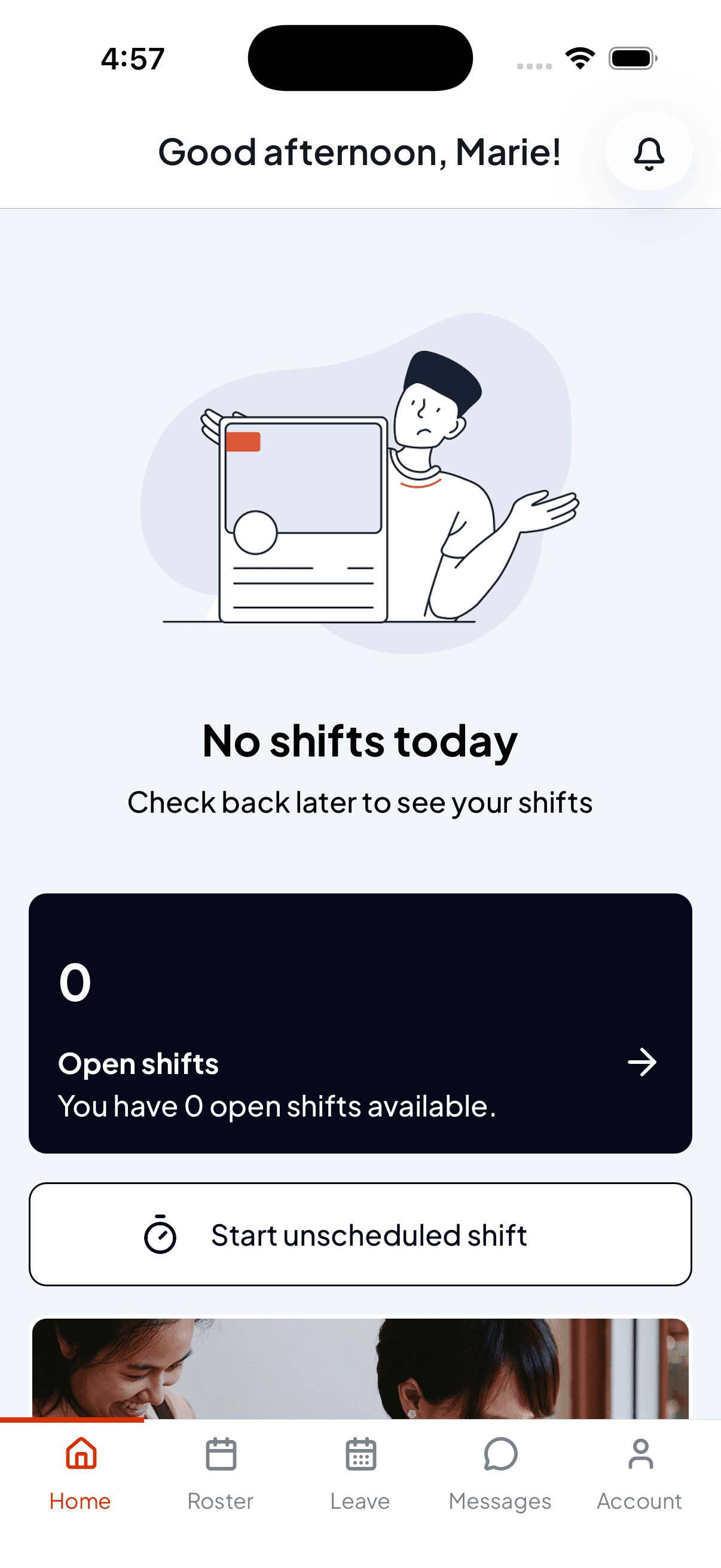 The Shiftly Me home screen showing a Barista shift from 1:00 PM to 9:00 PM with a Start shift button and three other people working