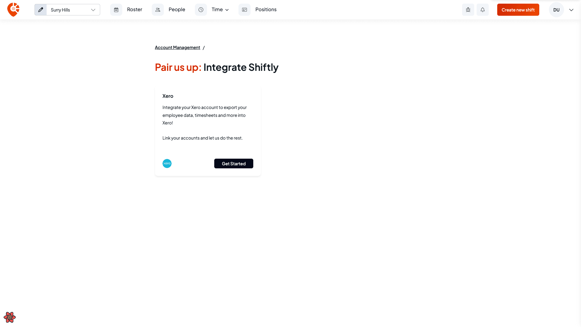 The Integrations page with the Xero card