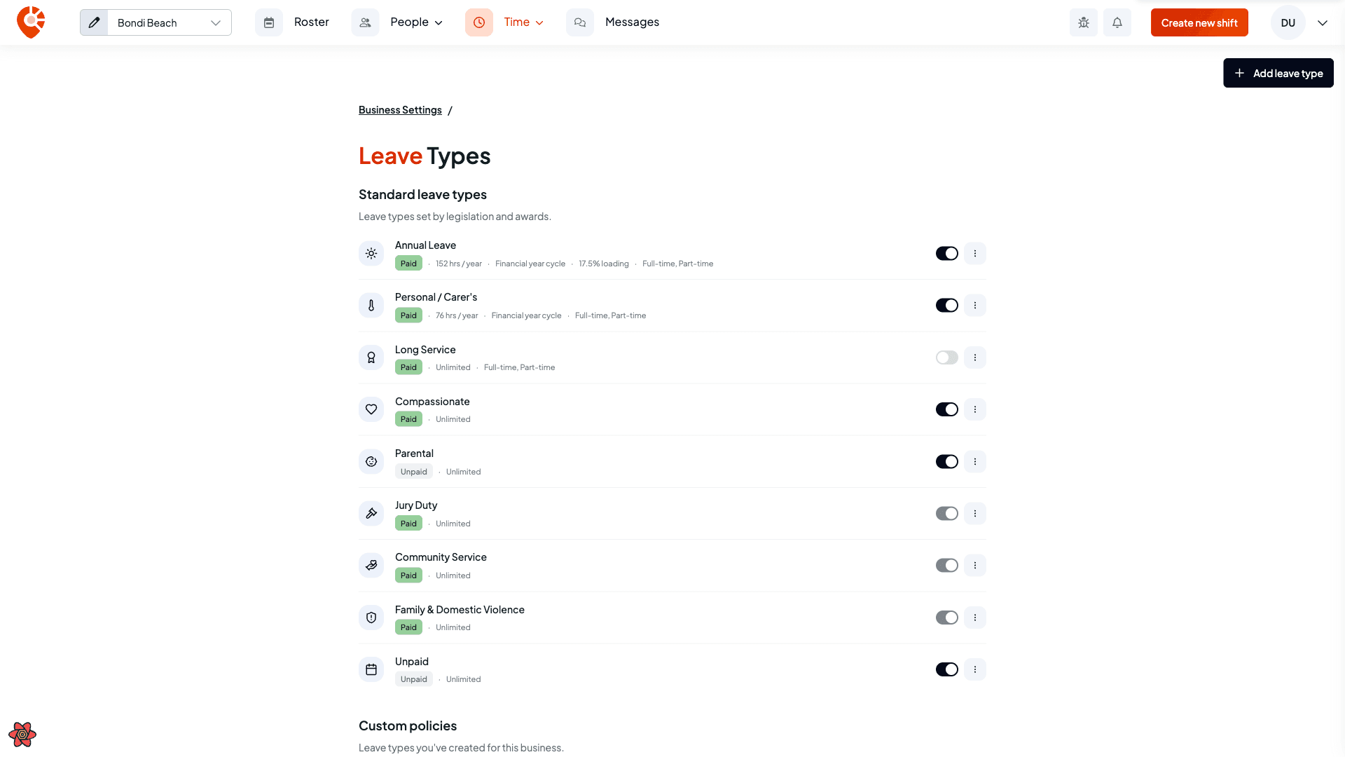 The leave types list with standard and custom sections