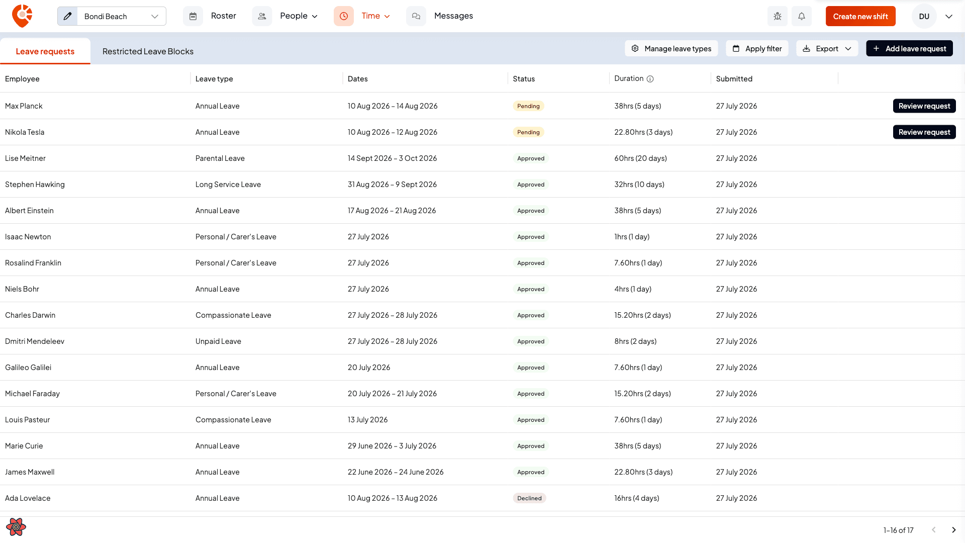 The leave requests list