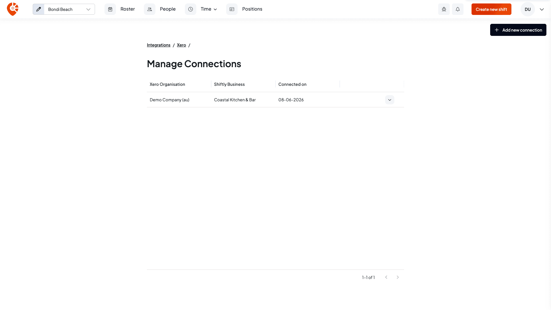 The Manage Connections screen listing the connected Xero organisation against its Shiftly business, with a row actions menu