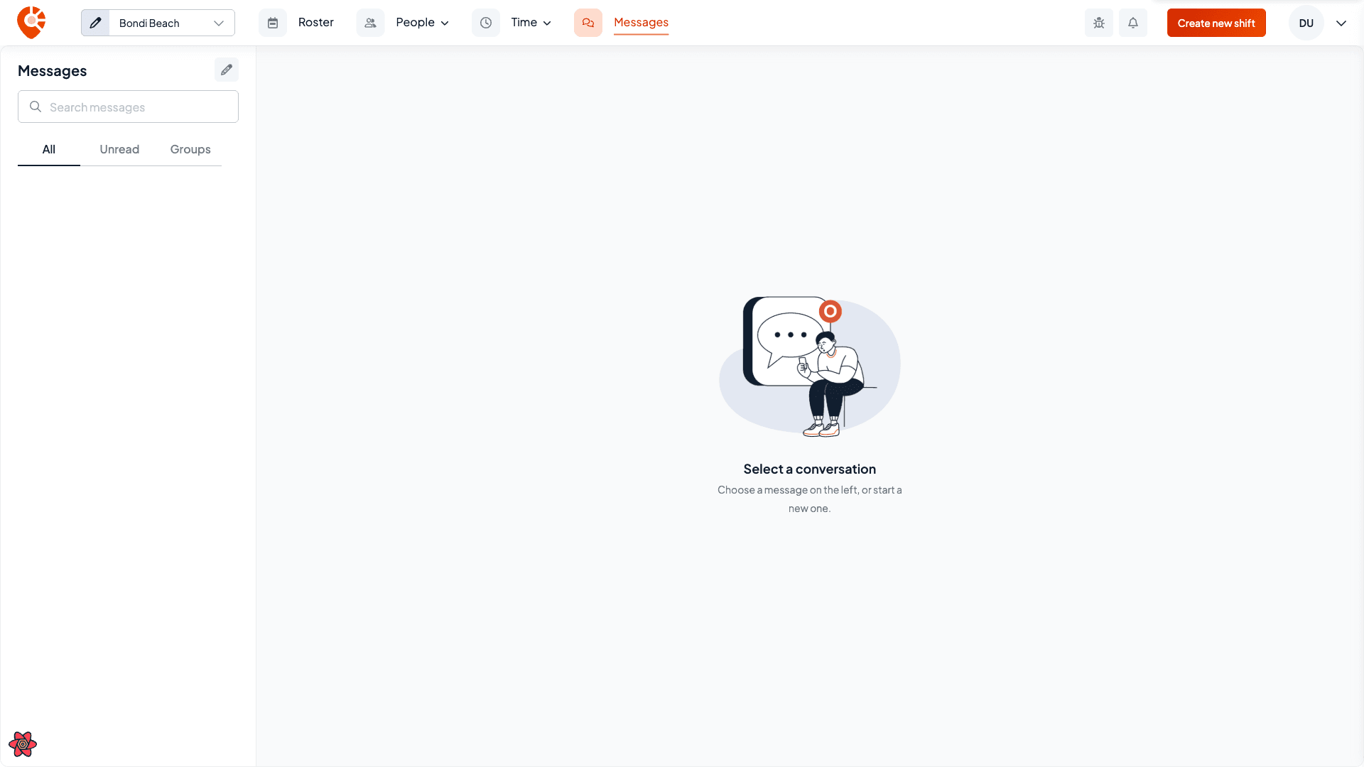 The Messages page with the conversation list on the left under All, Unread and Groups tabs, and the empty Select a conversation state on the right