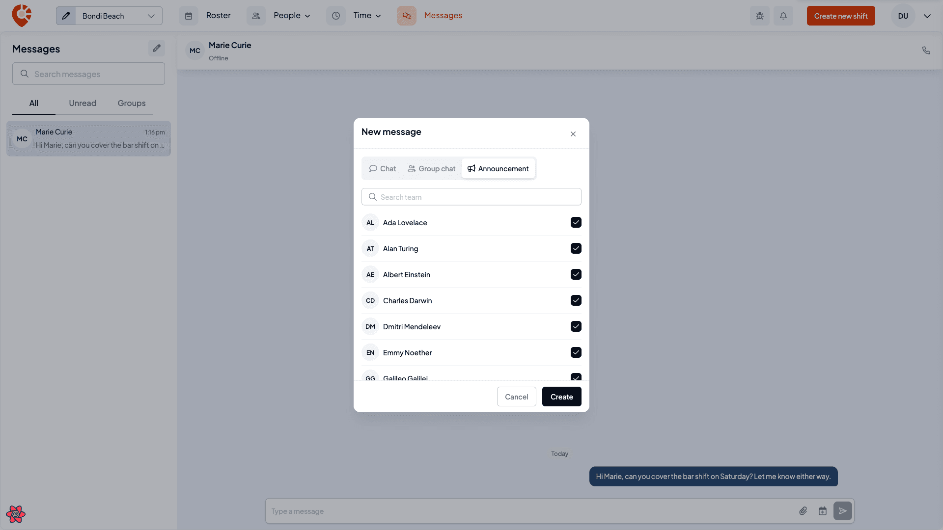 The New message dialog on the Announcement tab, showing the team list with everyone selected ready to confirm