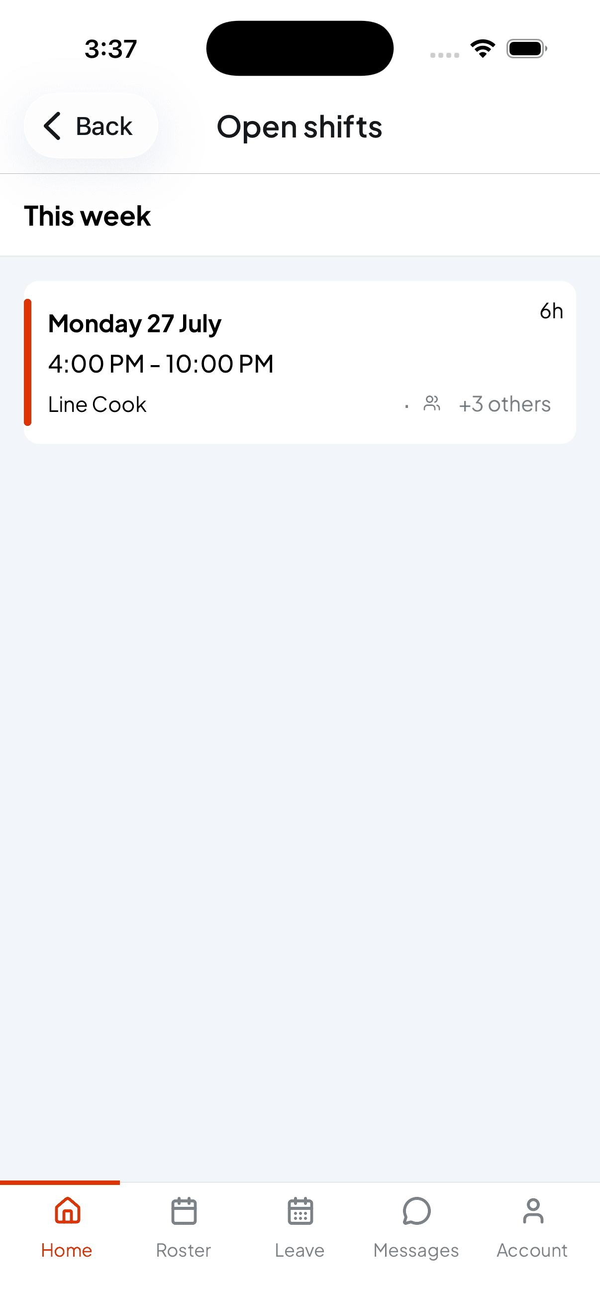 The Open shifts screen showing a Line Cook shift on Monday 27 July from 4:00 PM to 10:00 PM, 6 hours, visible to 3 others