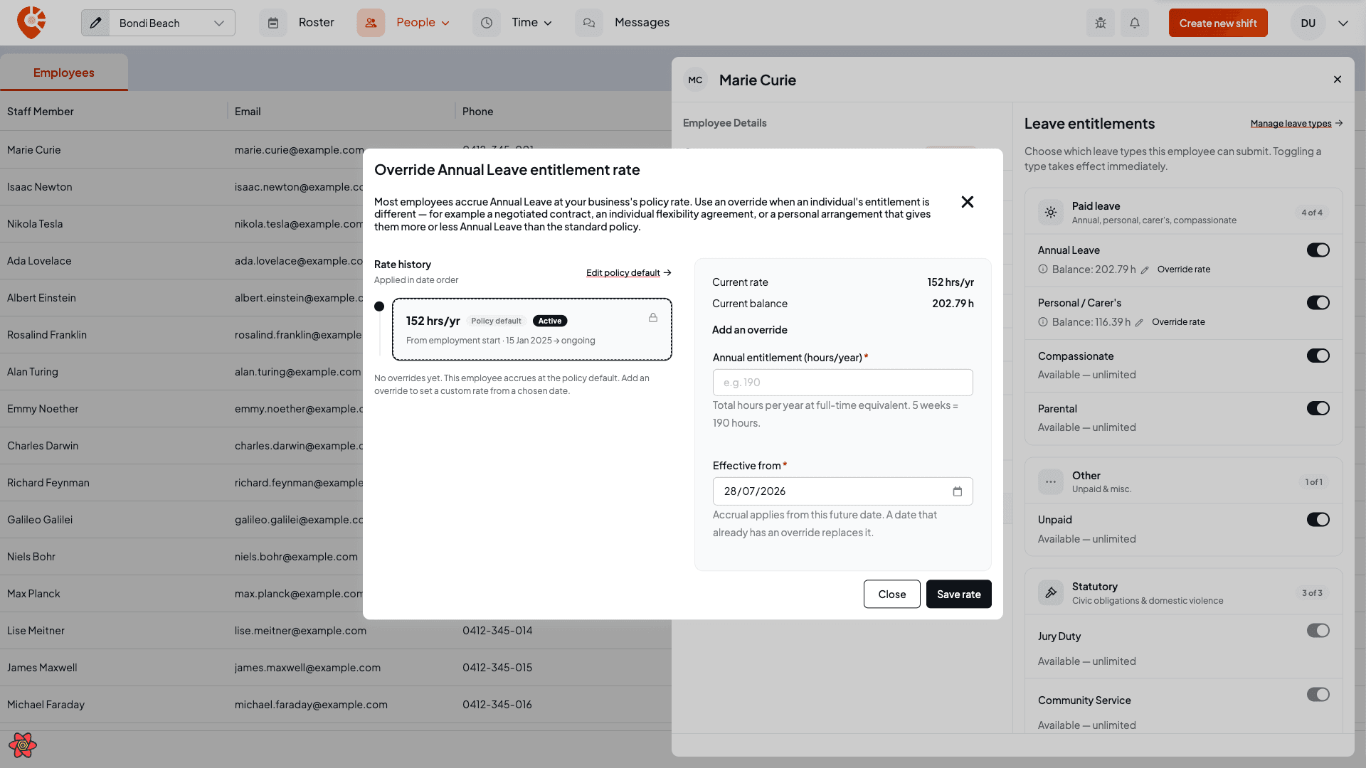 The entitlement-rate override dialog with rate history and the add-override form