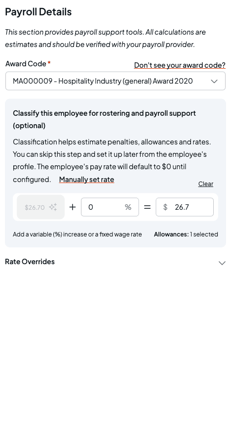 The per-employee rate calculator showing the award base rate plus a percentage uplift equalling a fixed rate, with an allowances count