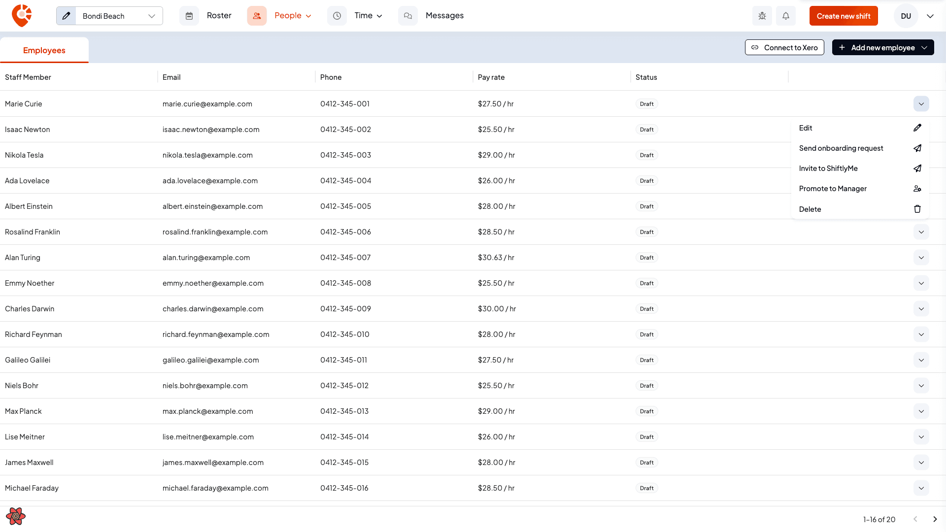 An employee's row menu showing Edit, Send onboarding request, Invite to ShiftlyMe, Promote to Manager and Delete