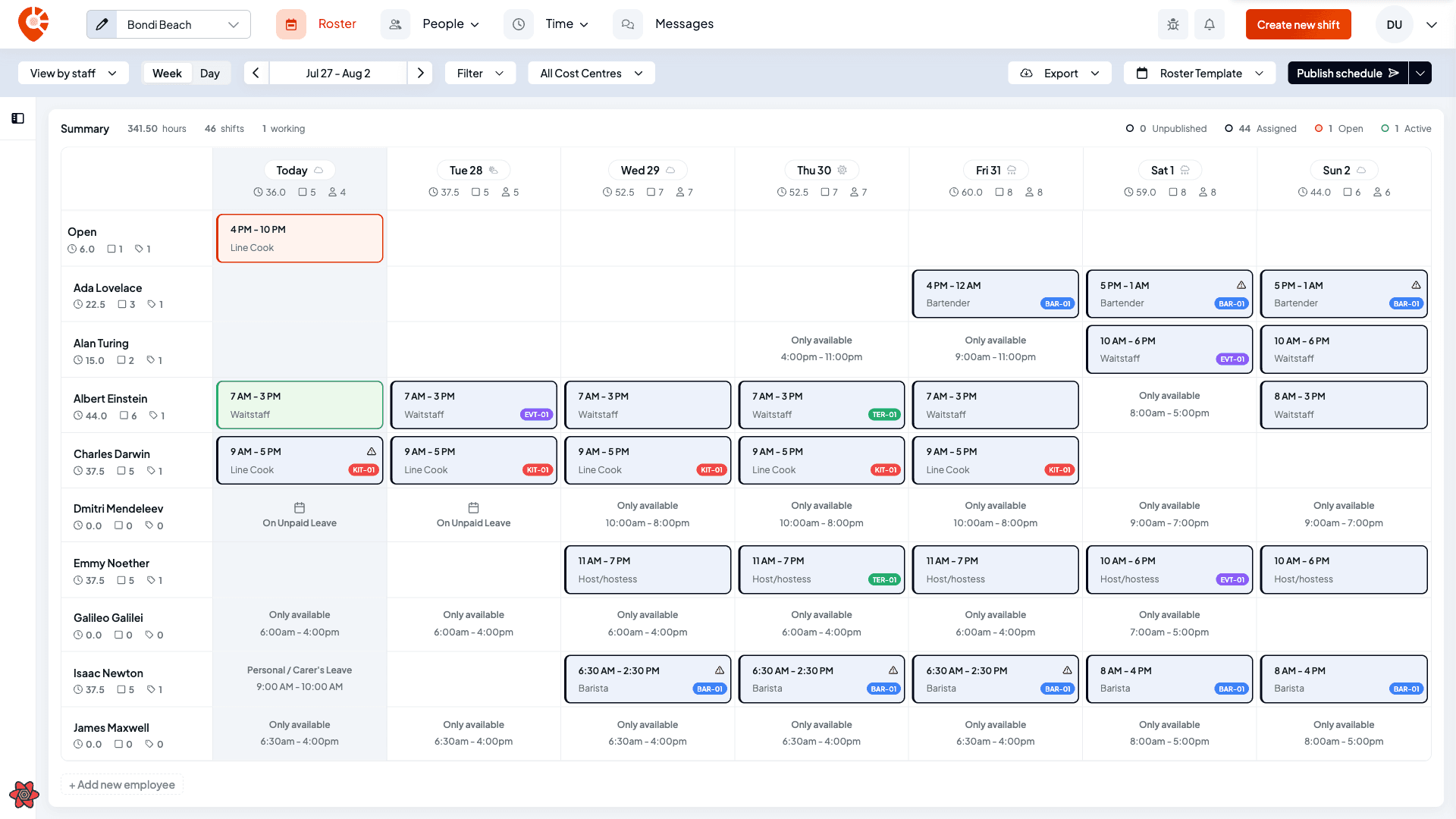 The scheduler in View by staff, with empty cells showing 'Only available' time windows and a Charles Darwin row showing 'On Compassionate' leave