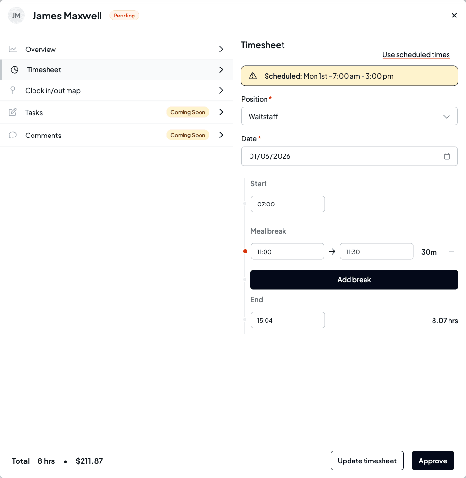 The Timesheet tab showing a scheduled-times reset banner, position and date fields, start and end time selectors, an editable meal break and an Add break button