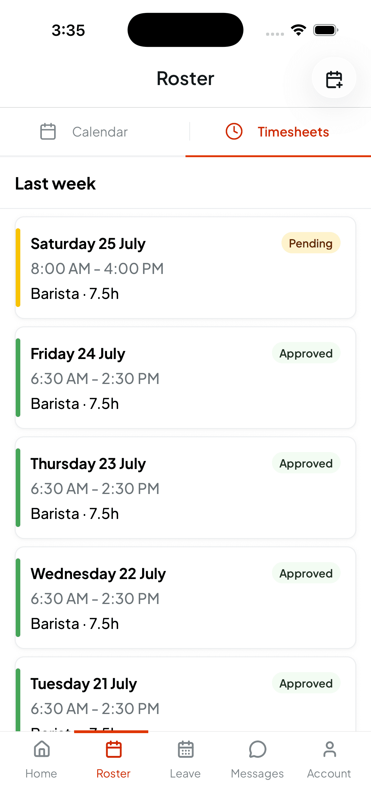 The Timesheets tab in Shiftly Me showing shifts from last week, one Pending and the rest Approved, each with times, position and hours