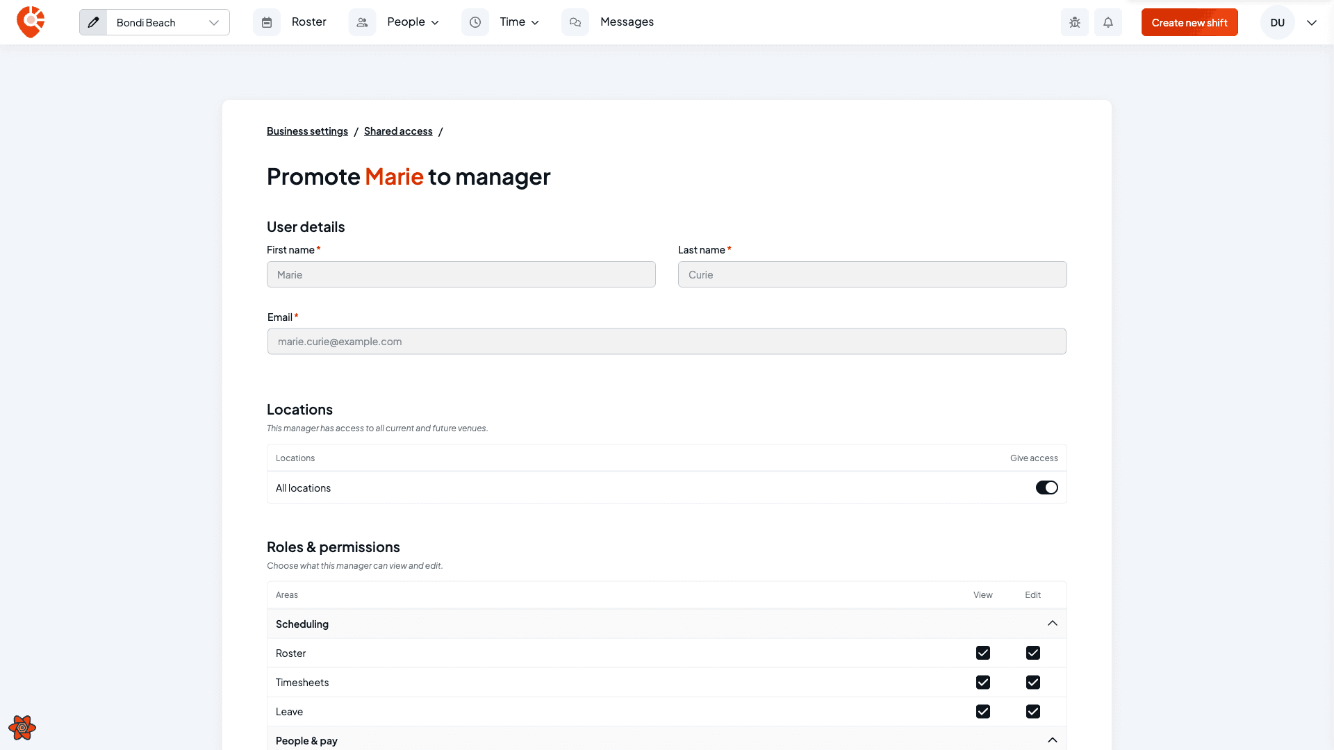 The Promote Marie to manager screen showing read-only user details and an All locations toggle