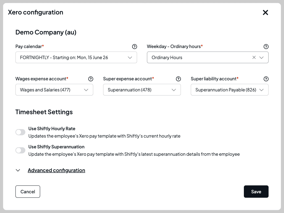 The Xero configuration panel showing the pay calendar, weekday ordinary earnings rate, wages and super accounts, and the Use Shiftly Hourly Rate and Use Shiftly Superannuation switches