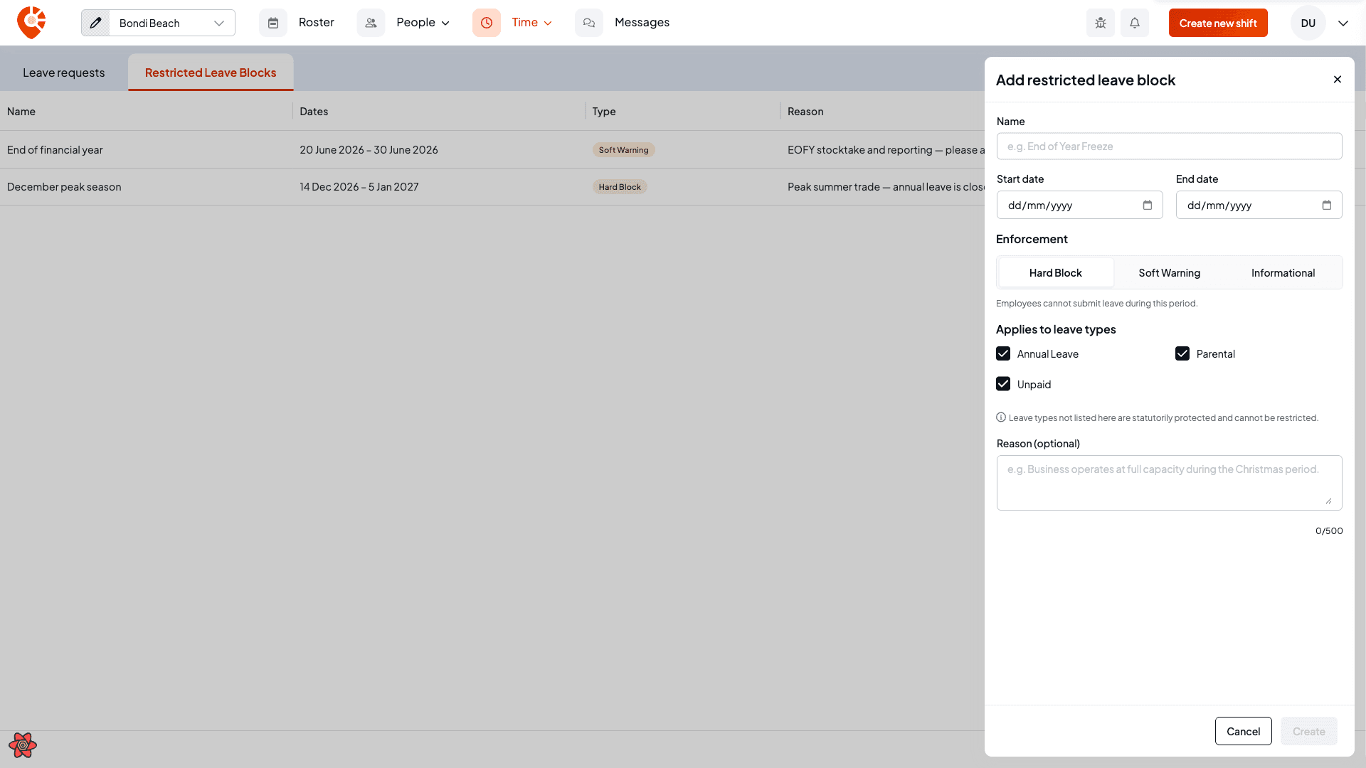The create restricted leave block drawer