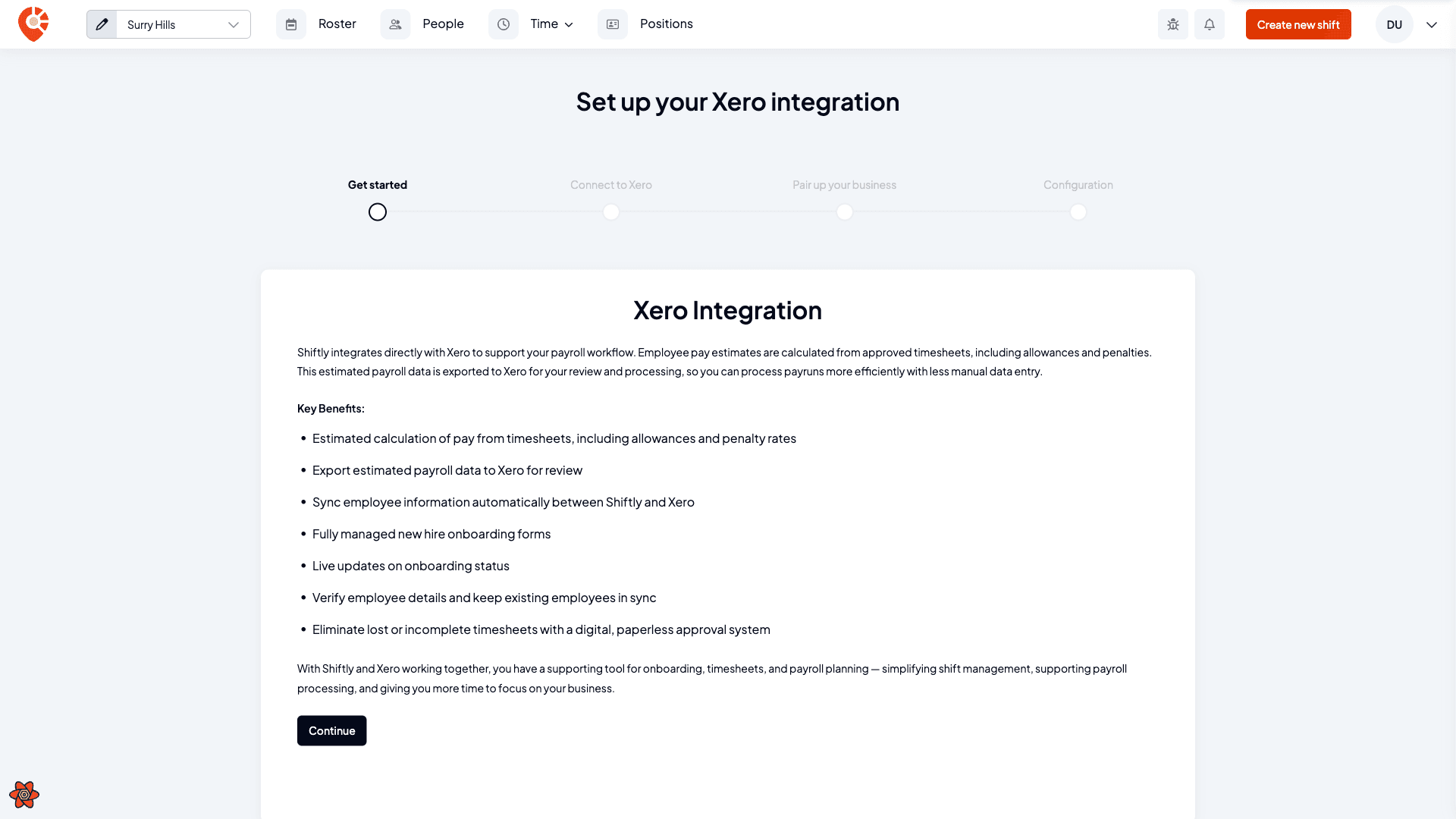 The wizard's Get started step listing the integration benefits