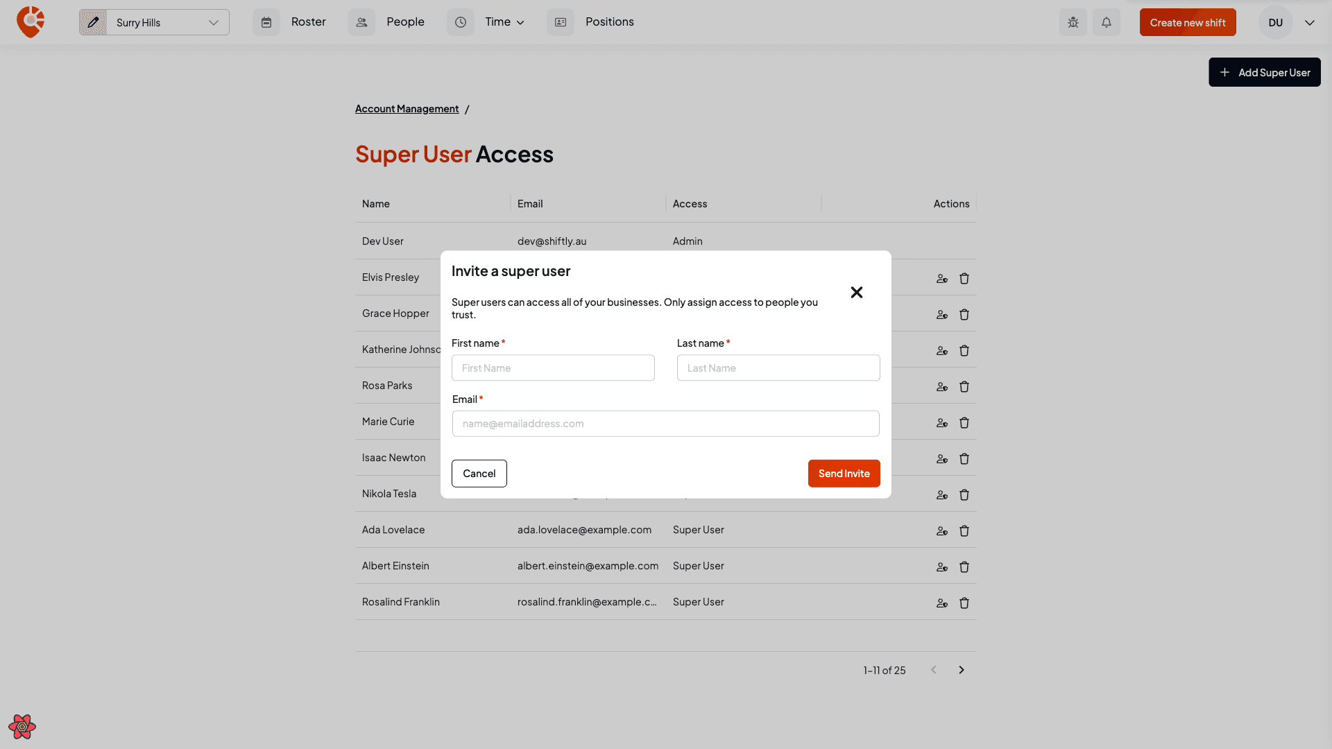 The invite a super user dialog
