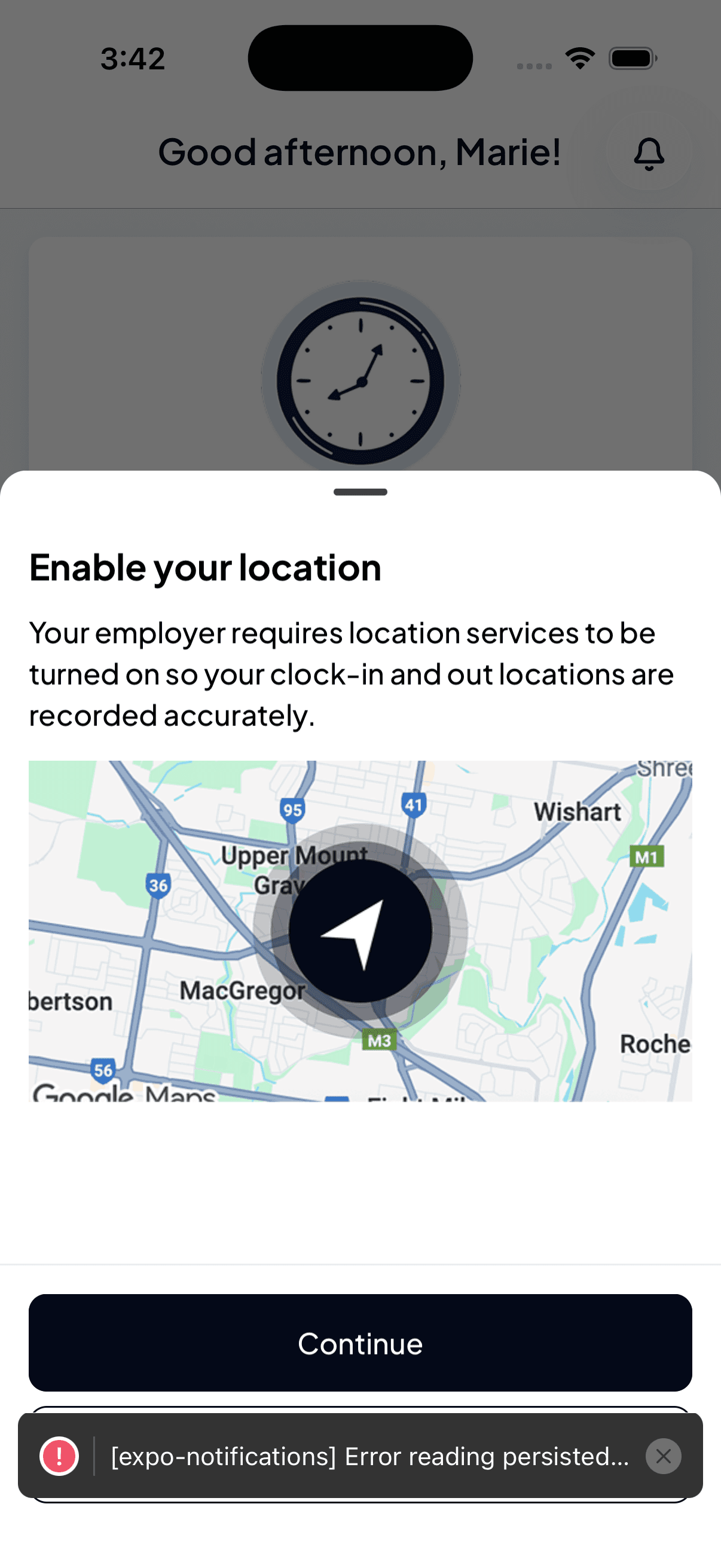 The Enable your location prompt explaining that your employer requires location services so clock-in and out locations are recorded accurately