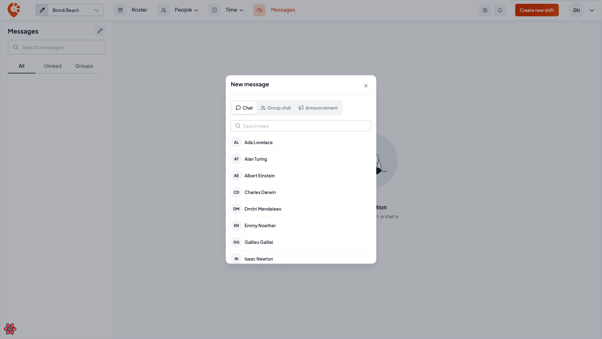 The New message dialog with Chat, Group chat and Announcement tabs above a searchable list of team members