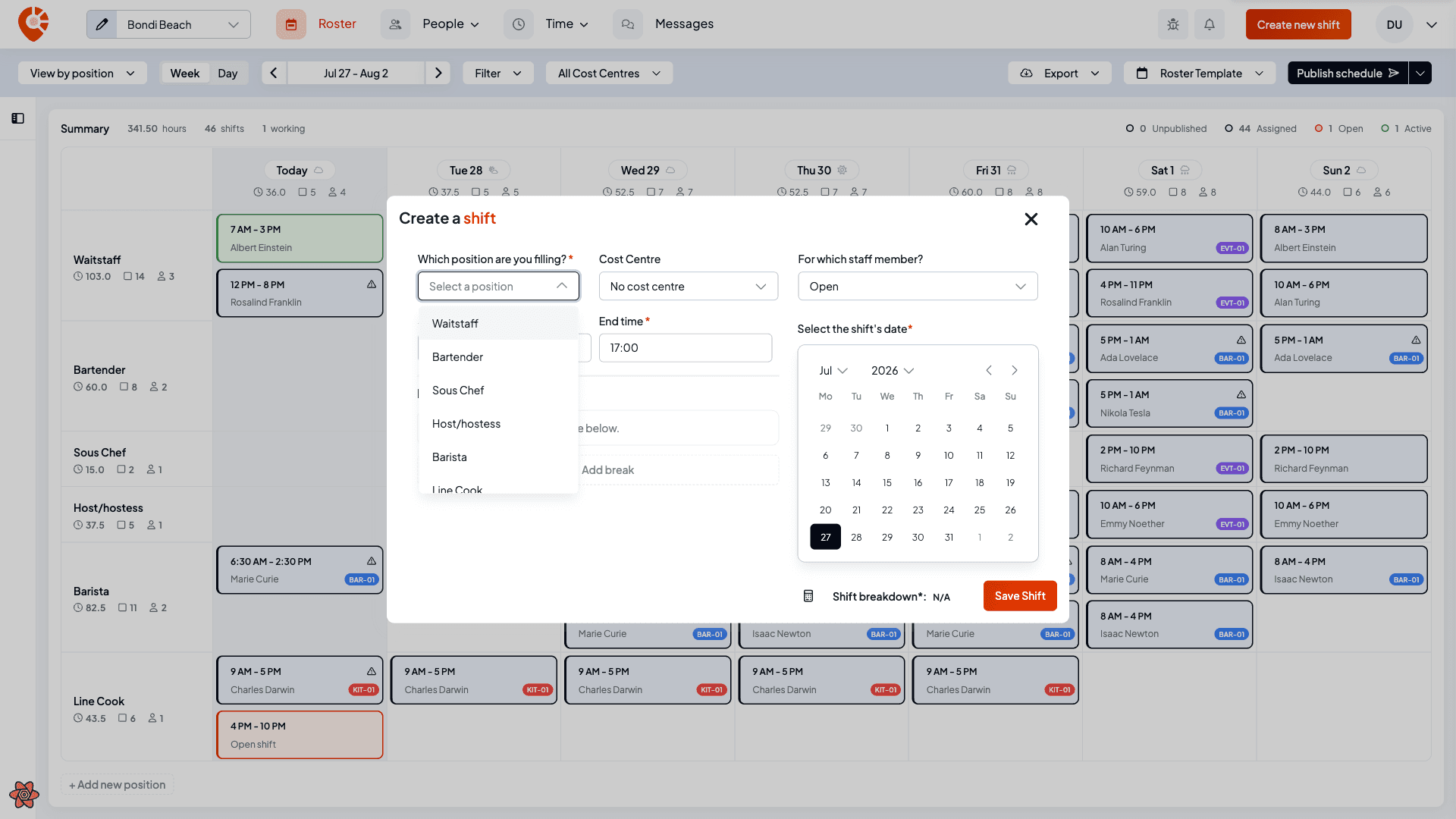 The position dropdown open, listing the venue's positions to choose from