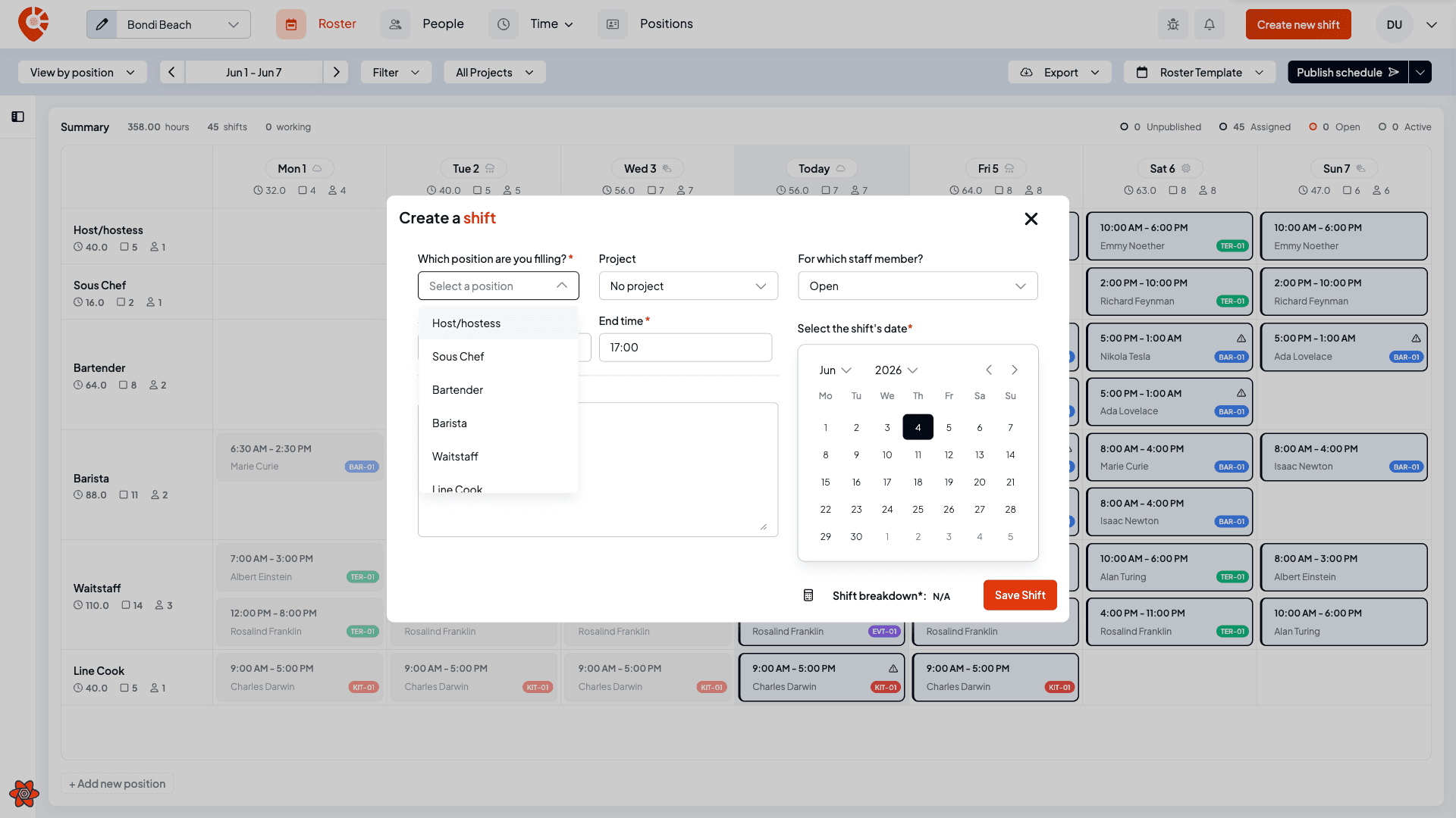 The position dropdown open, listing the venue's positions to choose from