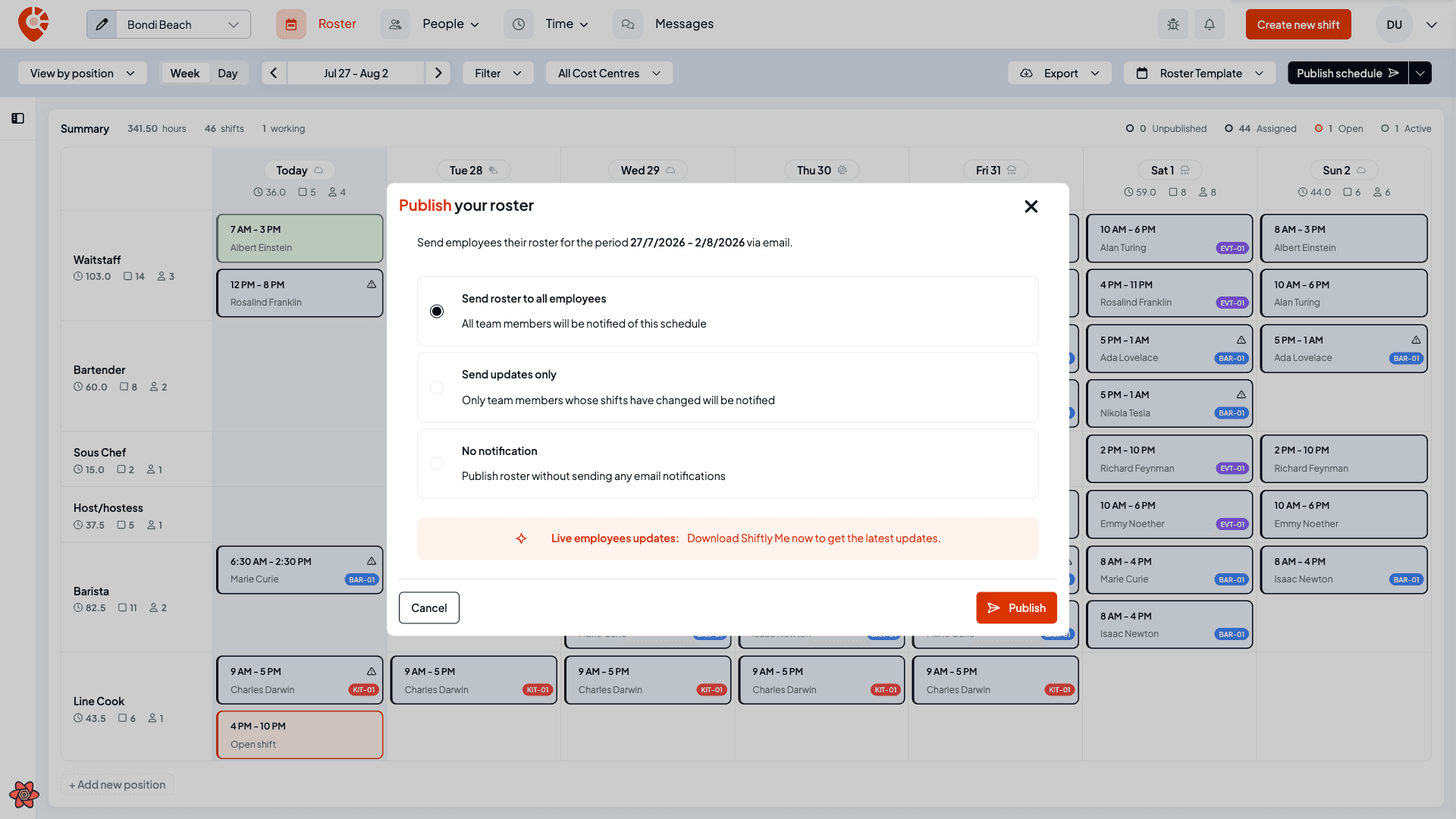 The Publish your roster window with three notification options — Send roster to all employees, Send updates only, and No notification — and a Publish button