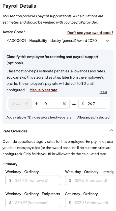 The Rate Overrides panel expanded, showing grouped category rate inputs with from-award placeholder values