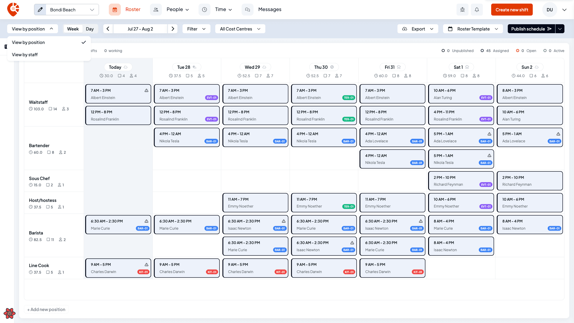 The roster view menu open, offering View by position and View by staff