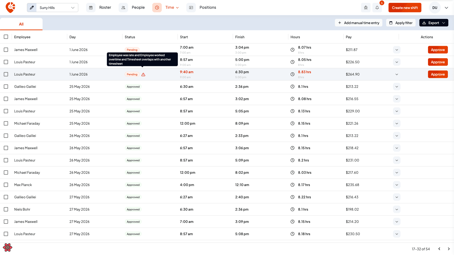 A timesheet row with red start, finish and hours and a tooltip explaining the employee was late, worked overtime and the timesheet overlaps another