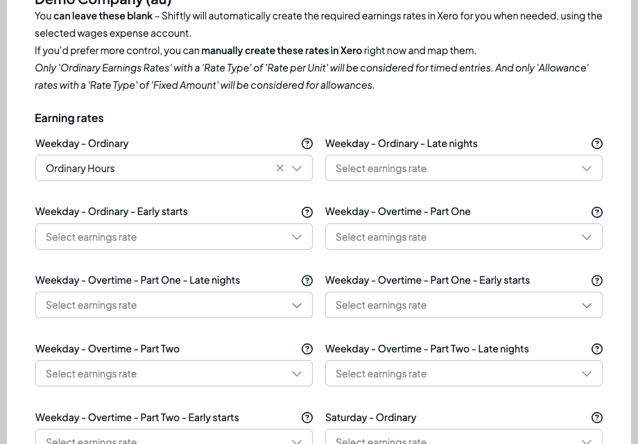 The Advanced configuration section noting that blank rates are created in Xero automatically, above the list of earnings-rate mappings