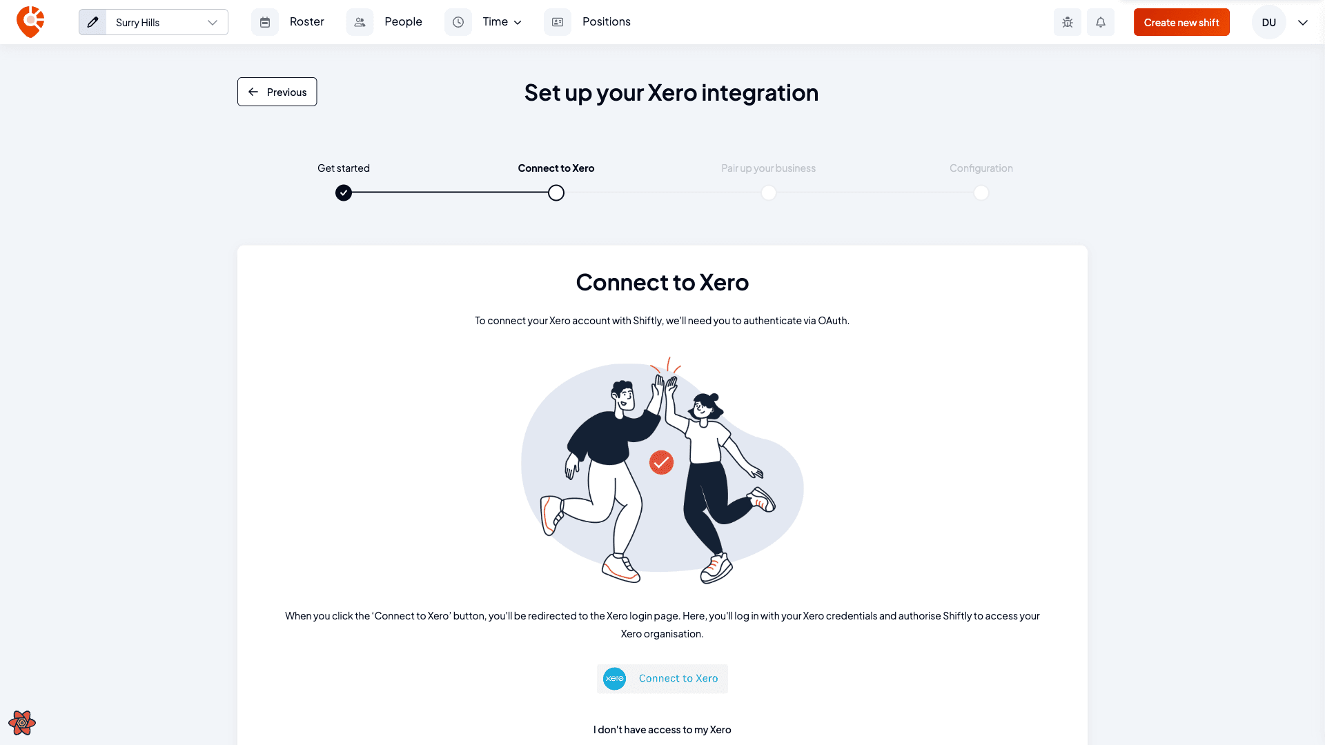 The Connect to Xero step with the OAuth button