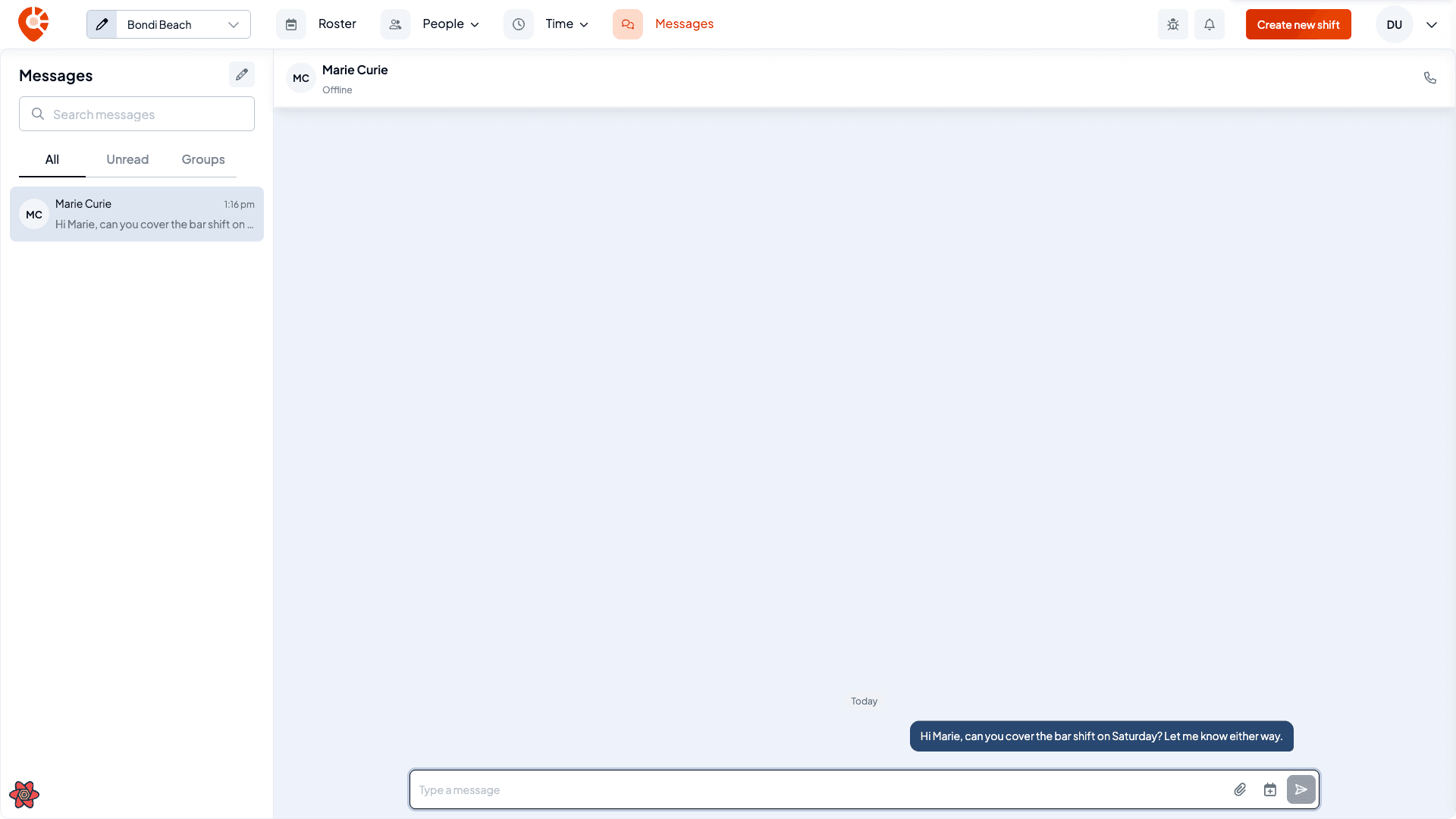 An open conversation with Marie Curie showing a sent message in the thread and the message box with attachment and shift buttons