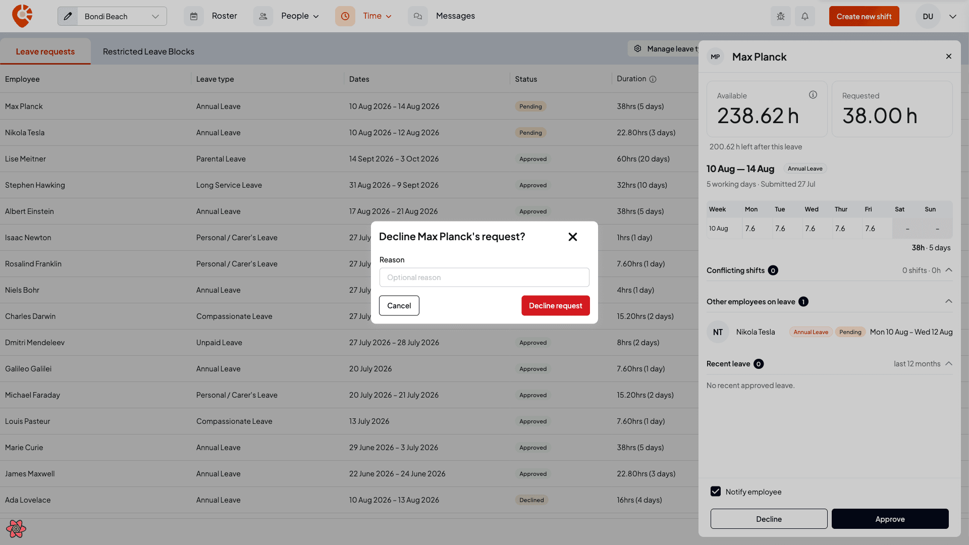 The decline dialog with an optional reason