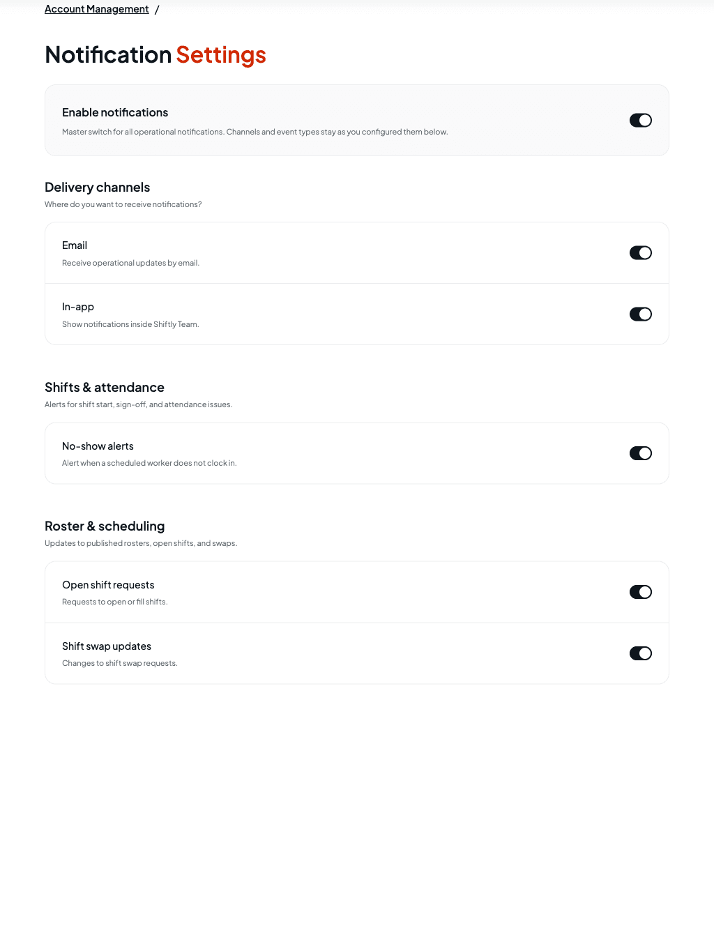 The notification settings page with a master switch, email and in-app channels, and grouped event toggles