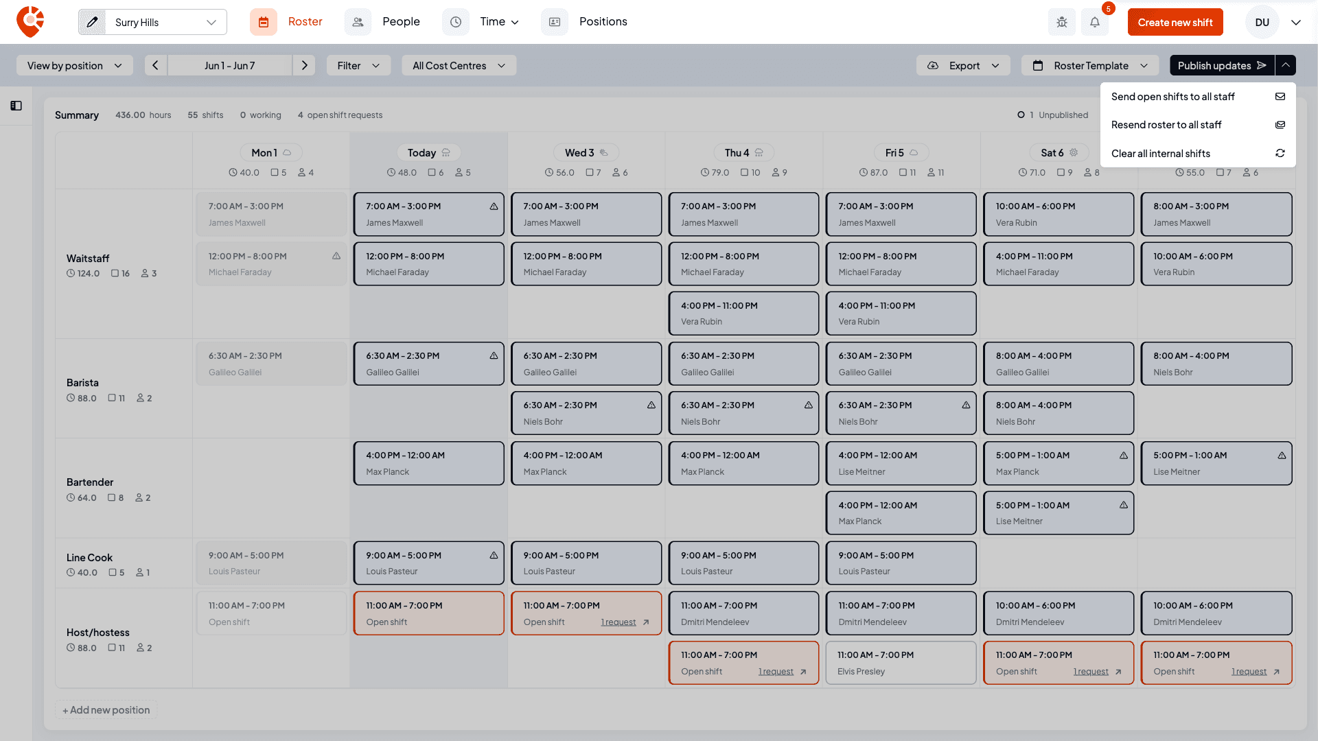 The publish button dropdown with Send open shifts to all staff available