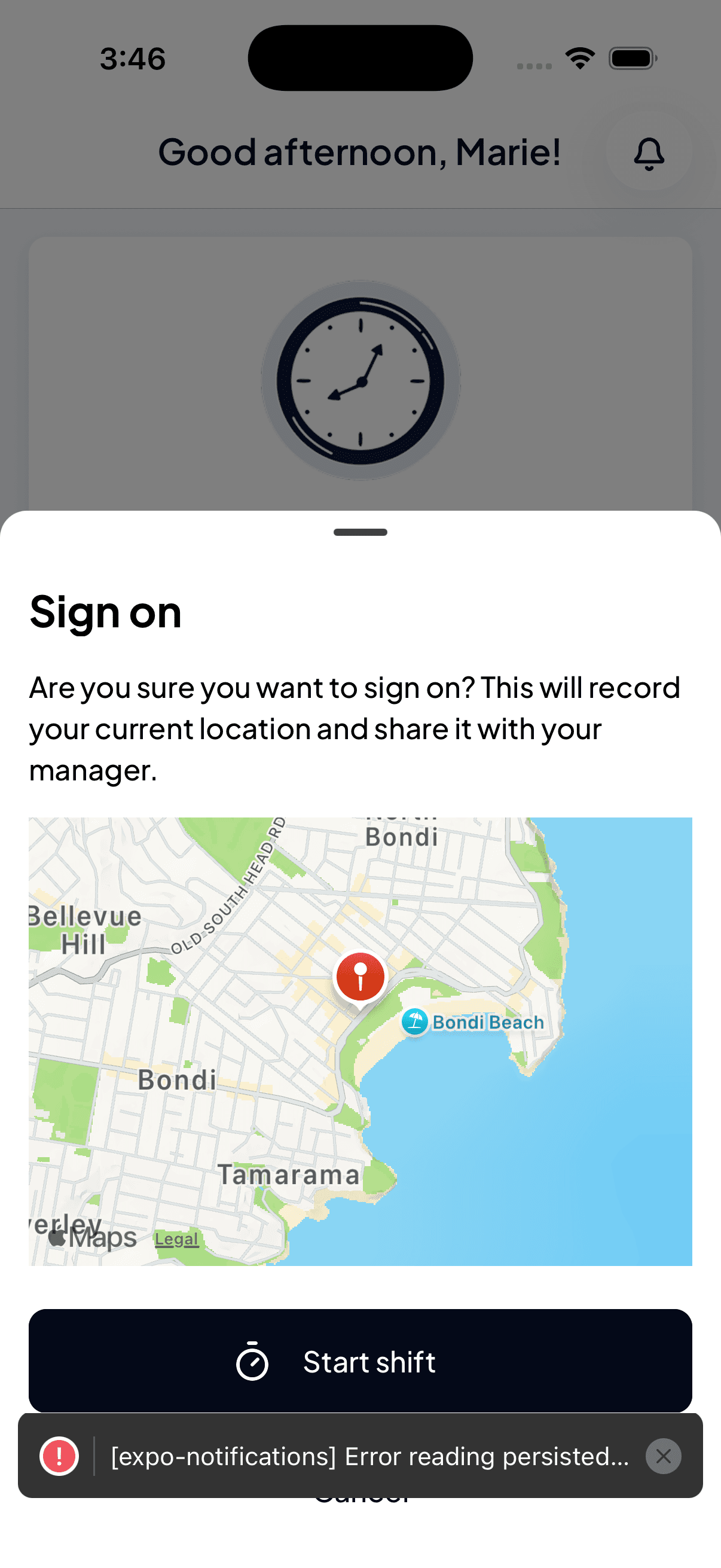 The Sign on confirmation showing a map pinned at Bondi Beach with Start shift and Cancel