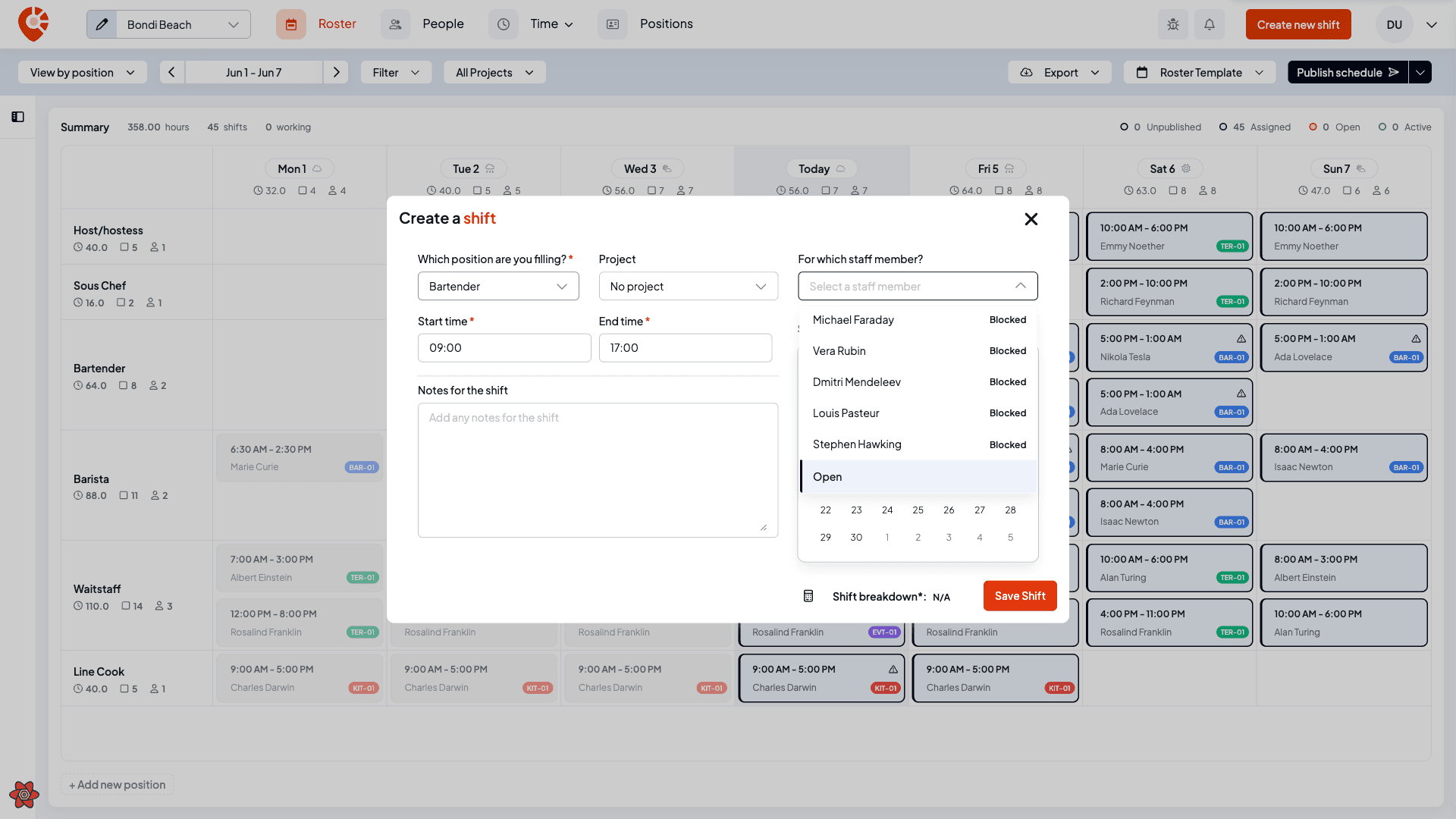 The staff member dropdown open, showing employees with Unavailable and Blocked availability badges and an option to leave the shift Open