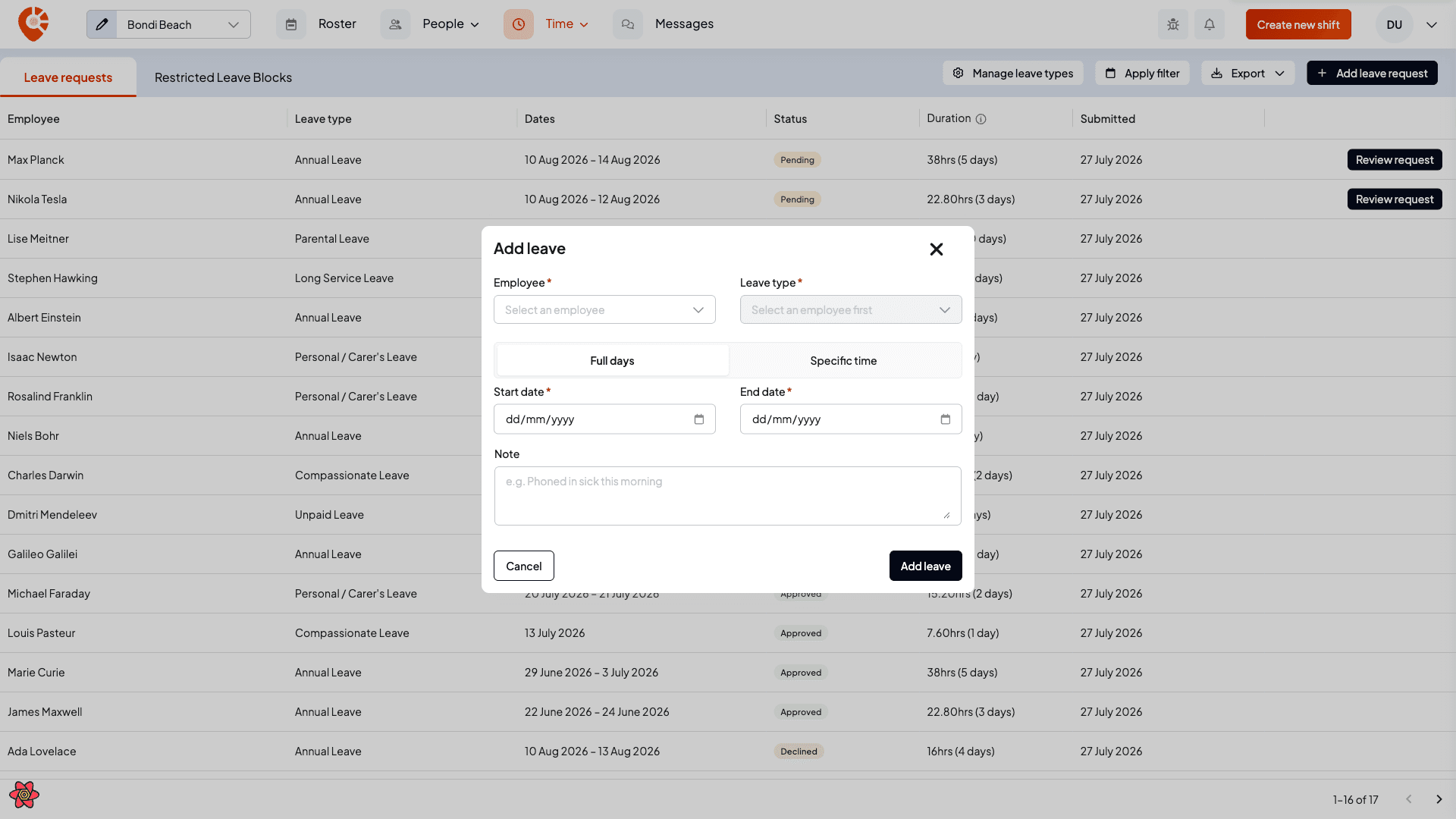 The add-leave dialog in Full days mode, with the Full days / Specific time control, employee, leave type, start and end date, and a note field