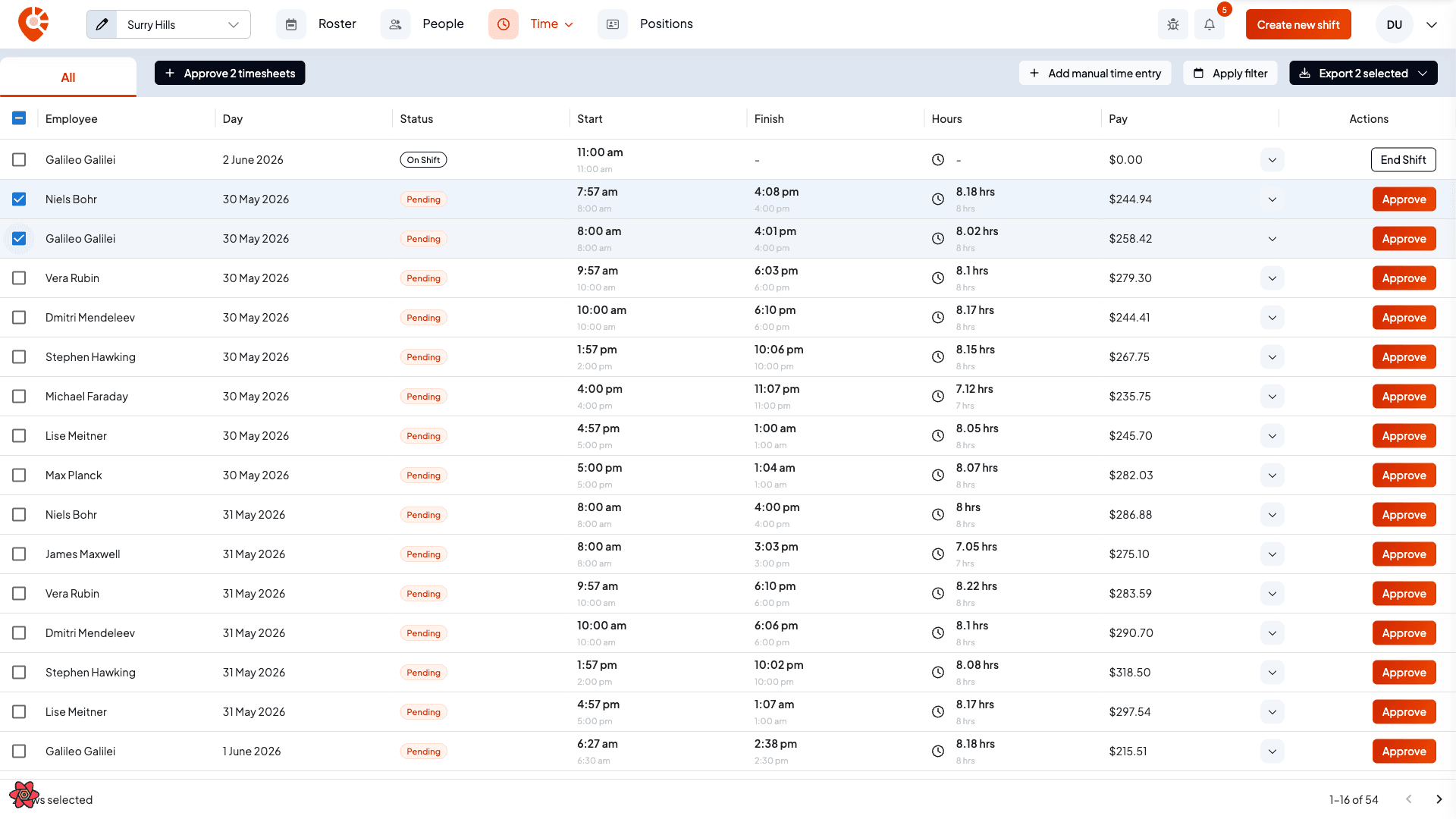 Two pending timesheets selected with checkboxes and an Approve 2 timesheets button in the toolbar