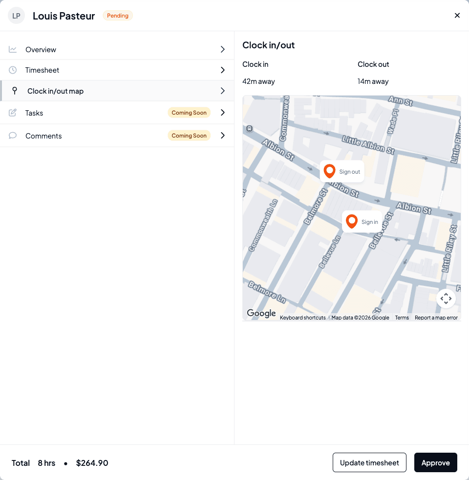 The Clock in/out map tab showing clock in and clock out distances from the location and a map with sign-in and sign-out pins
