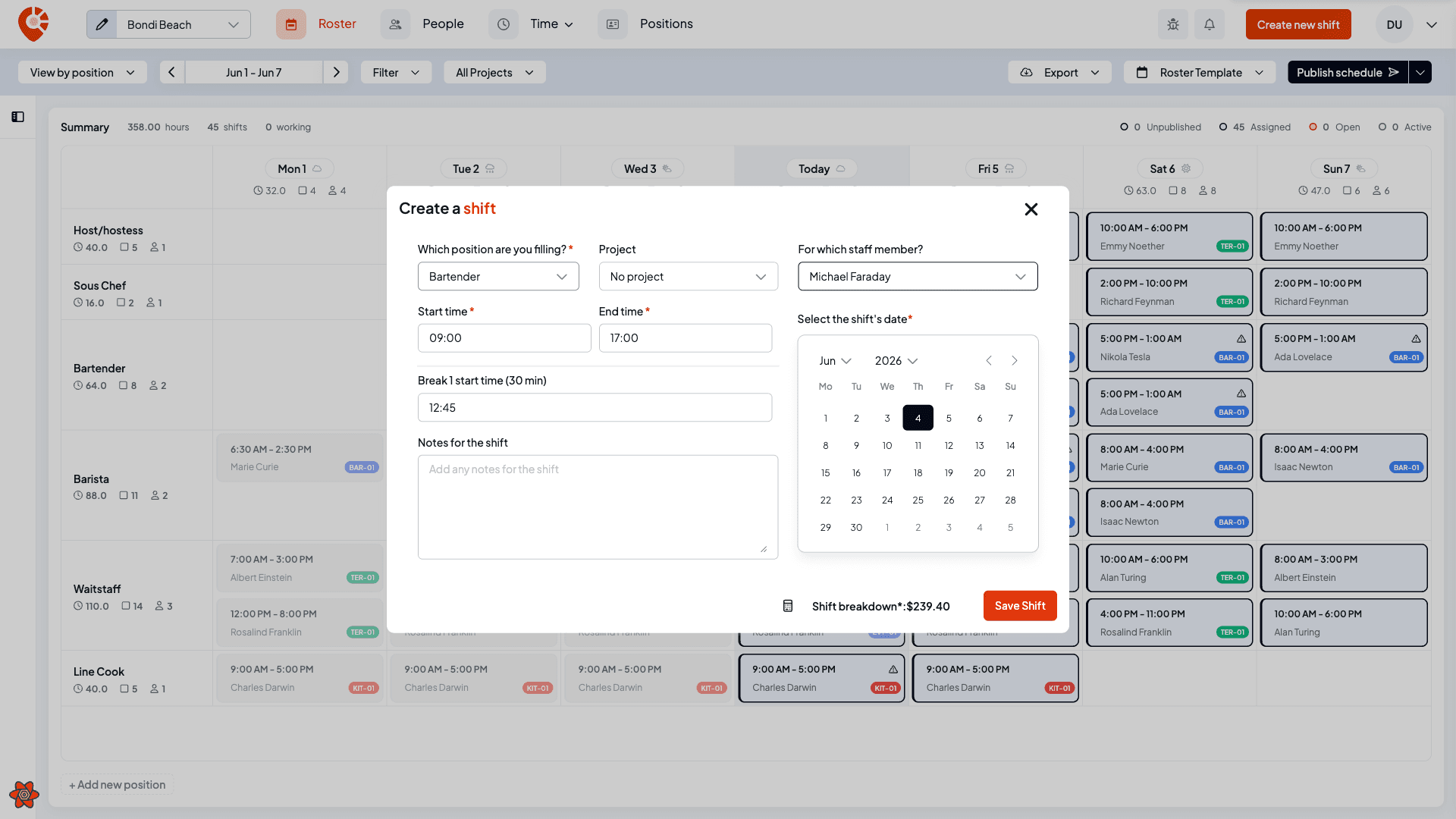 The shift modal with a position and staff member chosen, showing a break start time field and a computed shift cost total