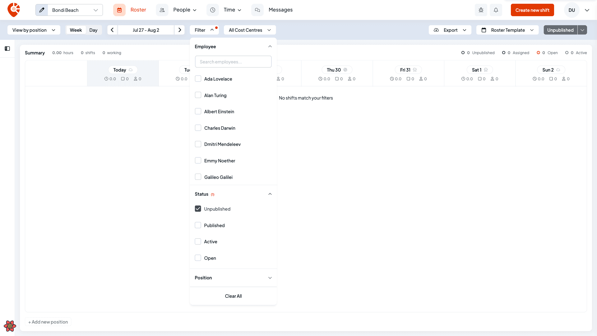 The roster filter panel with an employee search box and Status and Position sections, one status selected, and the No shifts match your filters message behind it
