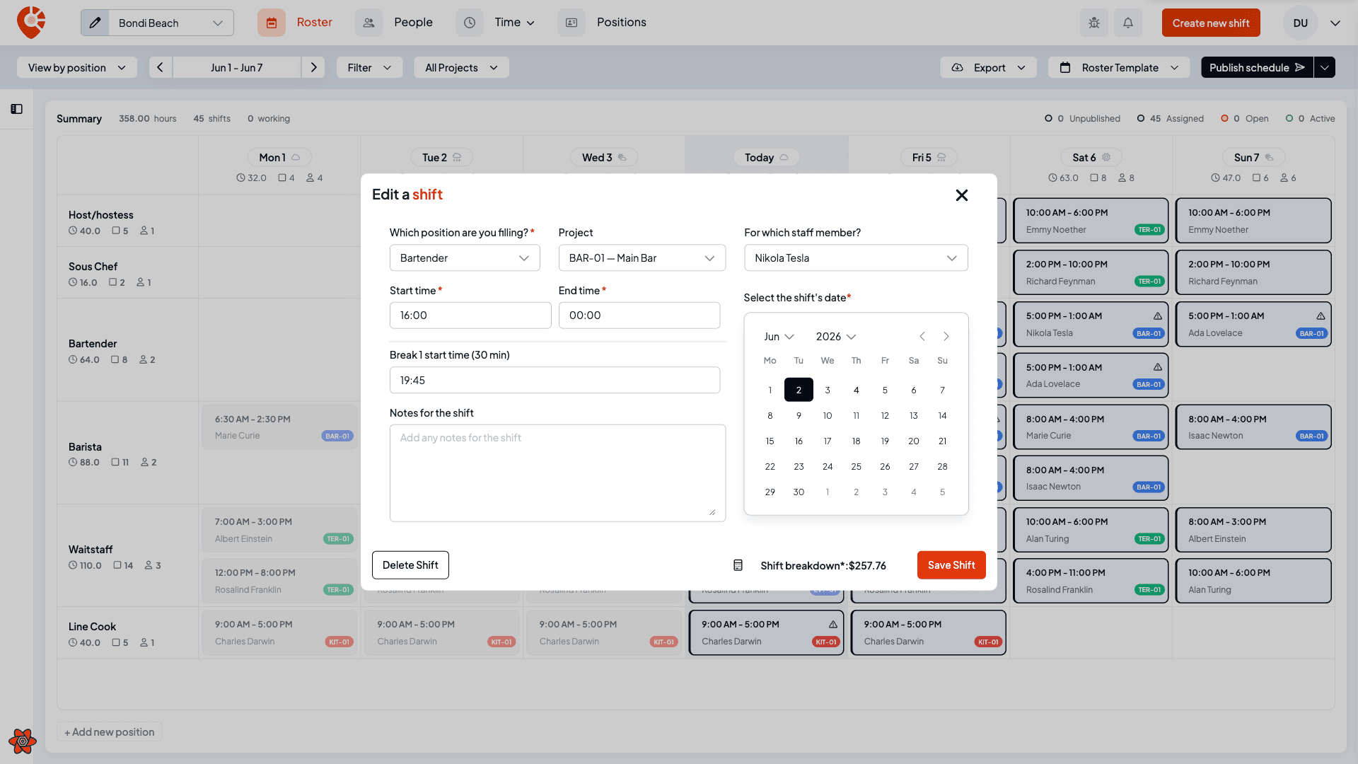 The Edit a shift modal showing an overnight shift, an assigned project, a break start time, a cost breakdown, and Delete Shift and Save Shift buttons