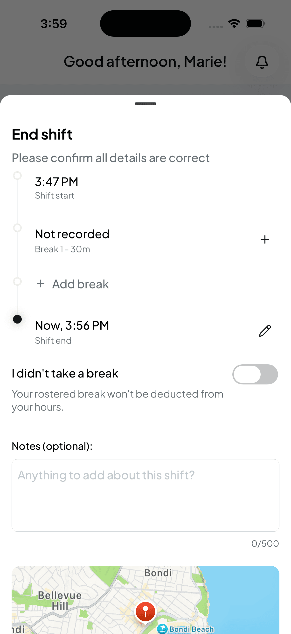 The End shift summary showing a timeline of shift start, an unrecorded break, and shift end, with an I didn't take a break toggle and a notes field