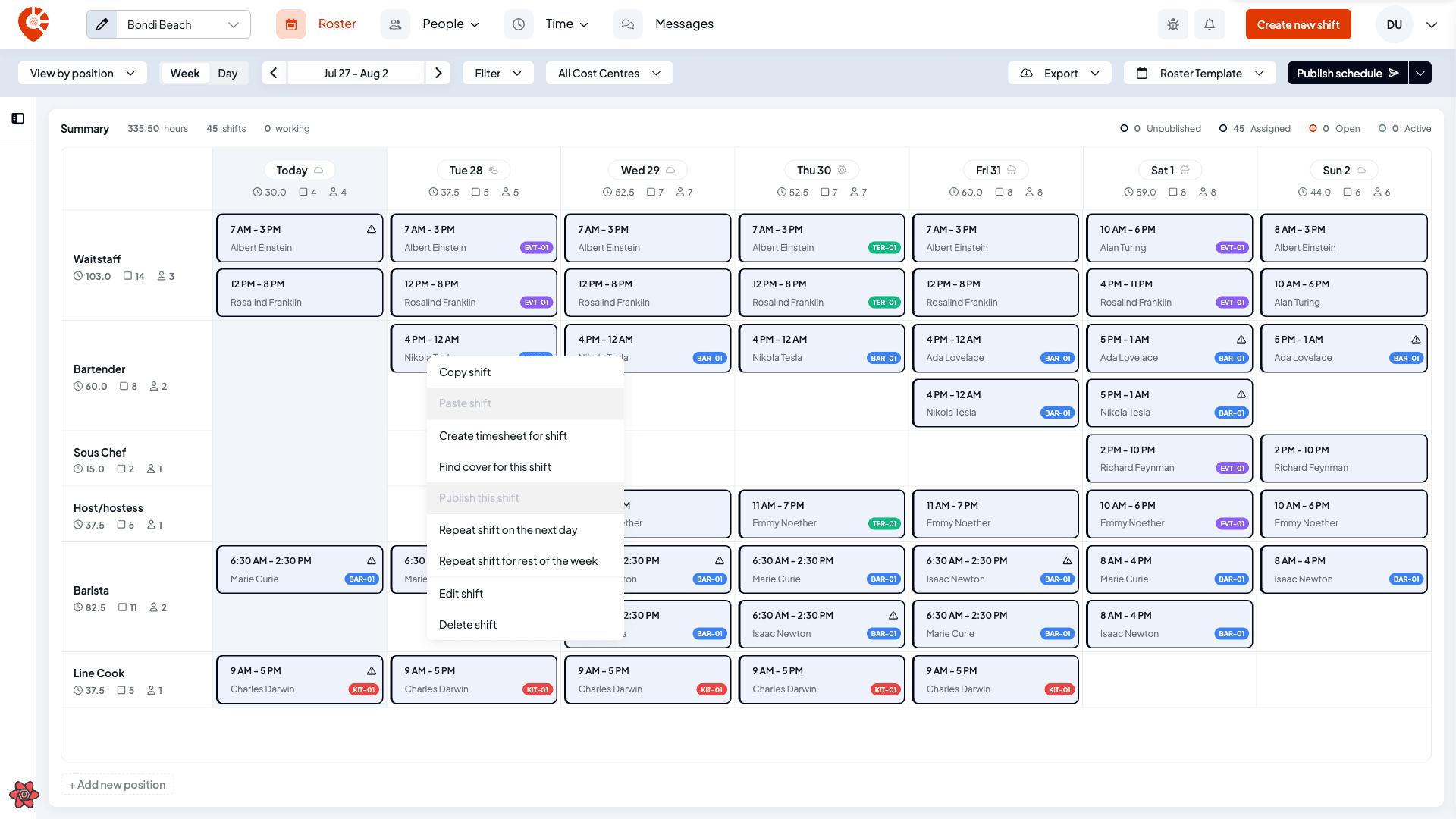 The right-click menu on a shift showing copy, paste, create timesheet, find cover, publish, repeat, edit and delete actions