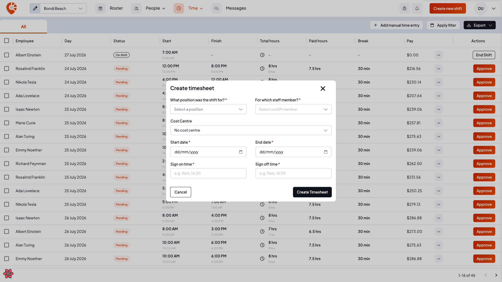 The Create timesheet modal with fields for position, staff member, project, start and end date and sign on and sign off times