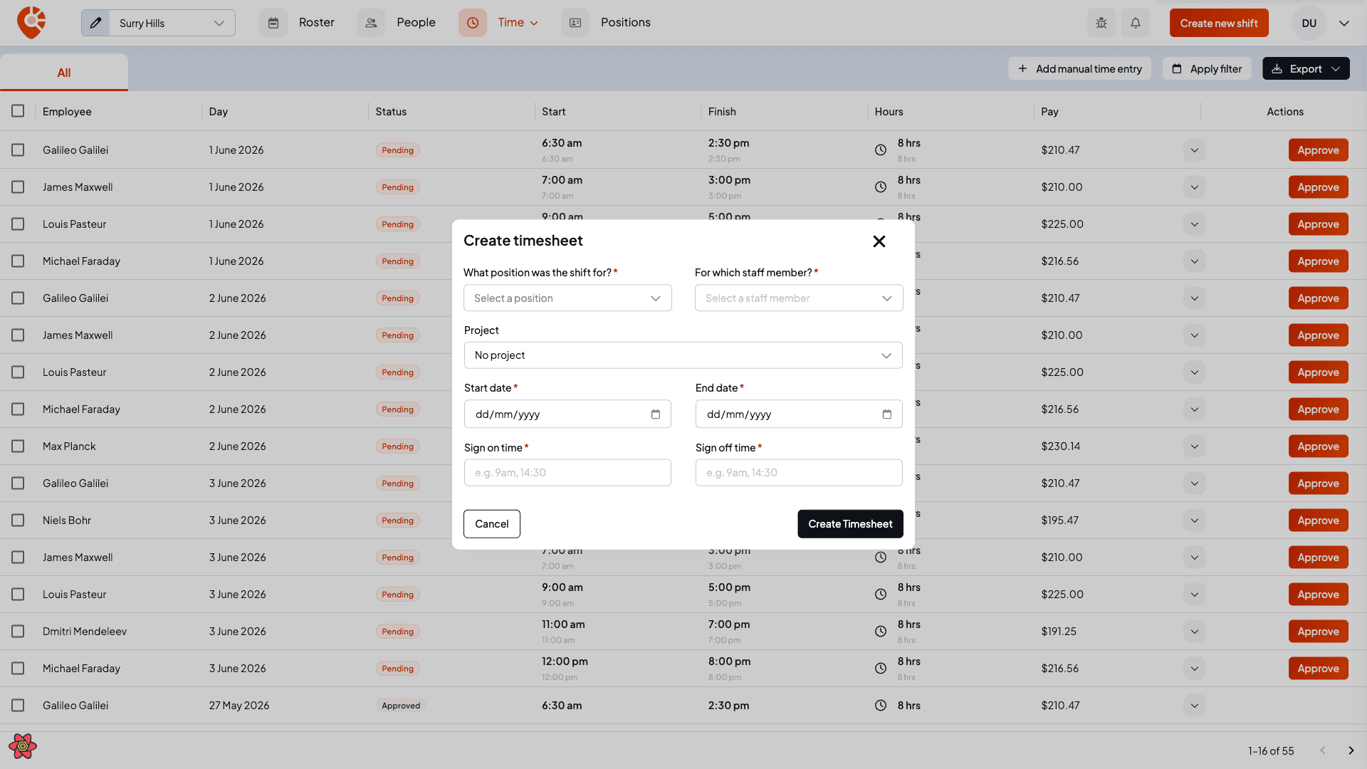 The Create timesheet modal with fields for position, staff member, project, start and end date and sign on and sign off times